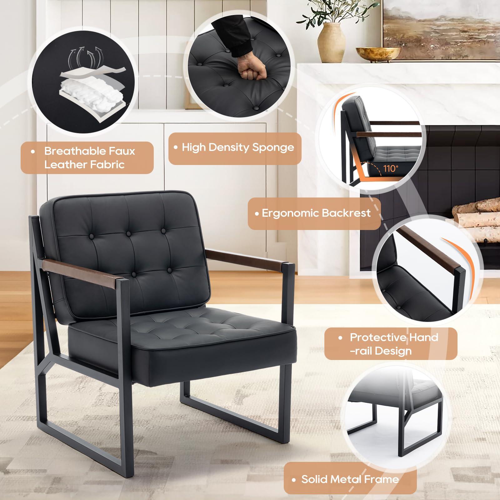 COLAMY Mid Century Modern Accent Chair Set of 2, Comfy Living Room Chair, Black Leather Accent Chair, Faux Leather Reception Armchair with Metal Legs for Living Room Bedroom Reception Office, Black - Image 4