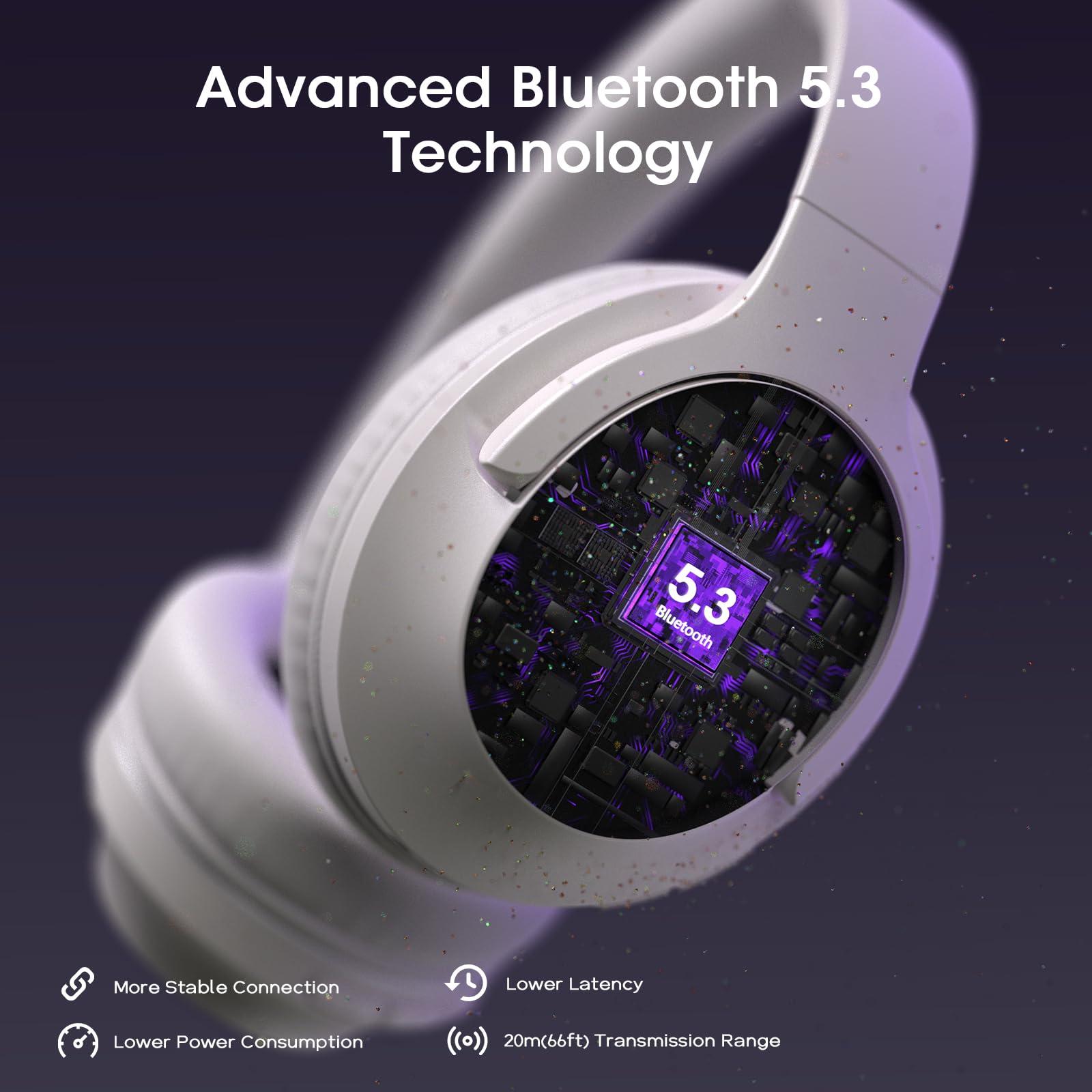 YUMONDEAR Bluetooth Headphones Over Ear, 80H Playtime Wireless Headphone with 3 EQ Modes, Built-in Mic, Deep Bass, HiFi Stereo Foldable Wireless Headset for iPhone PC Travel Workout (Light Gray) - Image 4