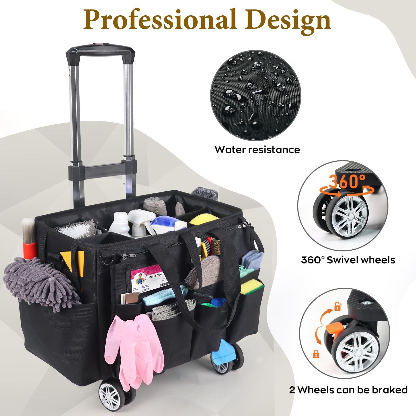 Rolling Cleaning Caddy Bag with Detachable Trolley, Multi-Functional Portable Cleaning Cart Supplies Organizer for Housekeeping and Domestic Cleaning, Cleaning Caddy with Wheels, Black - Image 5