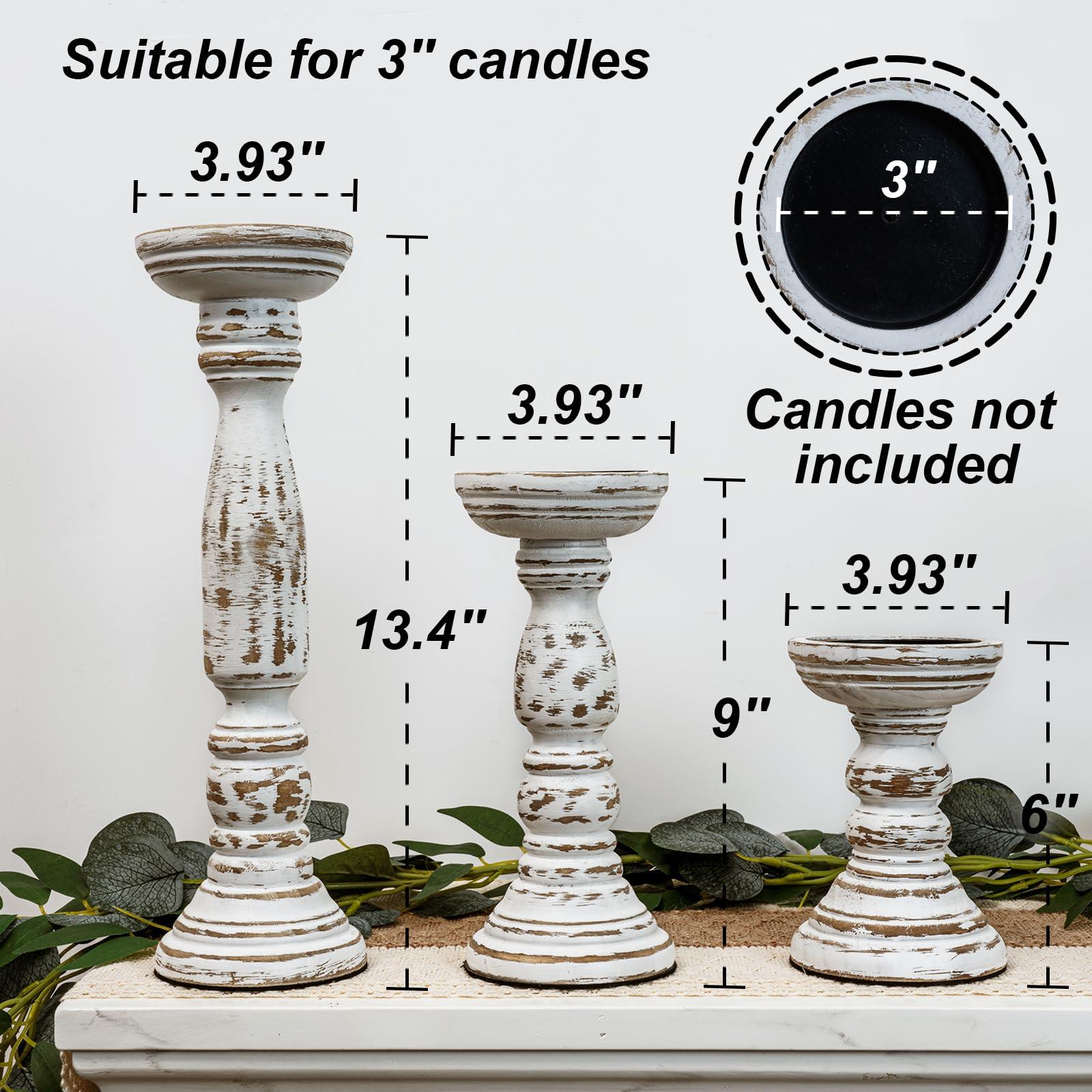 Homemory Farmhouse Wood Candle Holders for Pillar Candles Set of 3, Rustic Candle Holders for Table Centerpiece, 13" 9" 6" Vintage Tall Candle Stand Decorative for Dining Fireplace Living Room (White) - Image 3