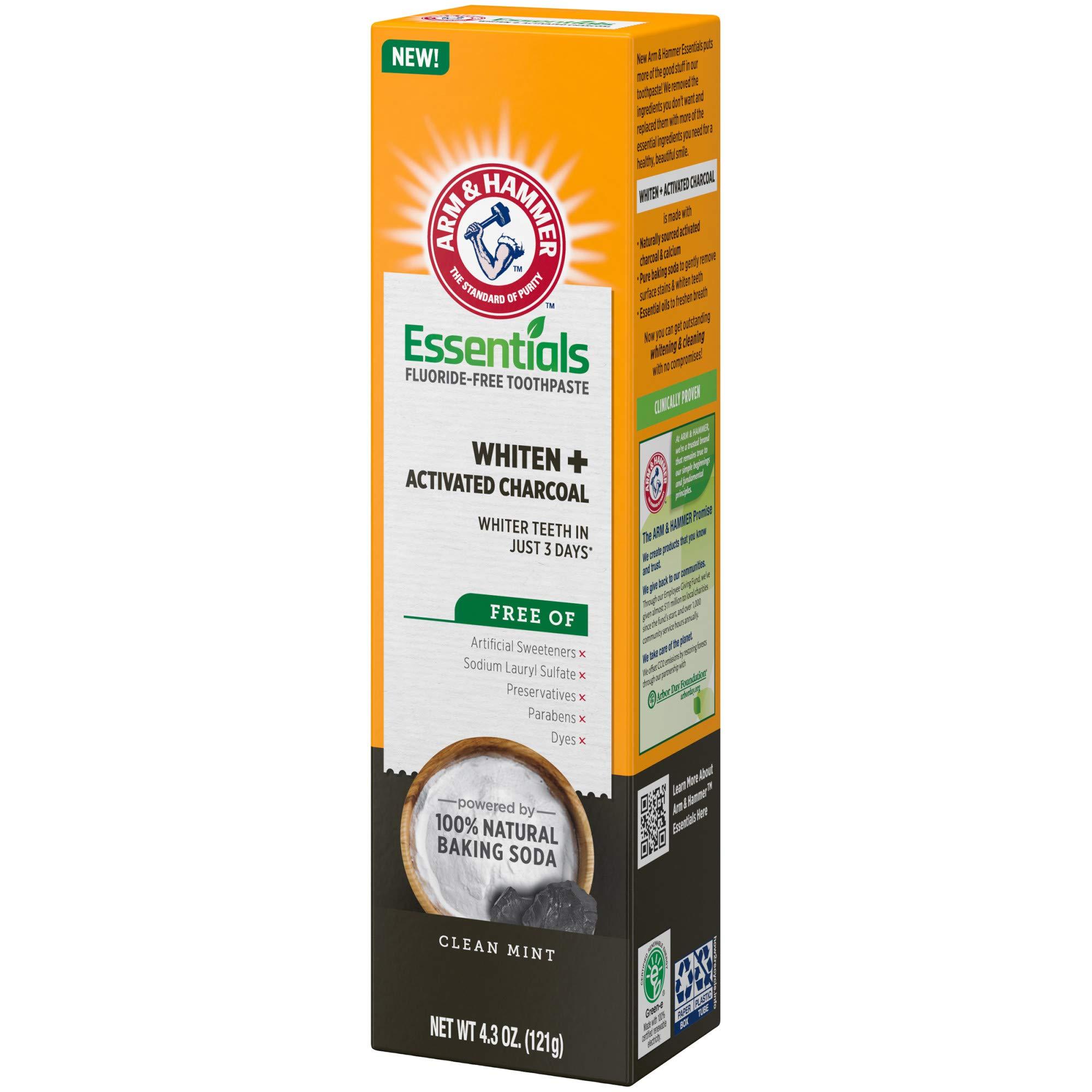 ARM & HAMMER Essentials Fluoride-Free Toothpaste Whiten + Activated Charcoal-4 Pack of 4.3oz Tubes, Clean Mint- 100% Natural Baking Soda - Image 11