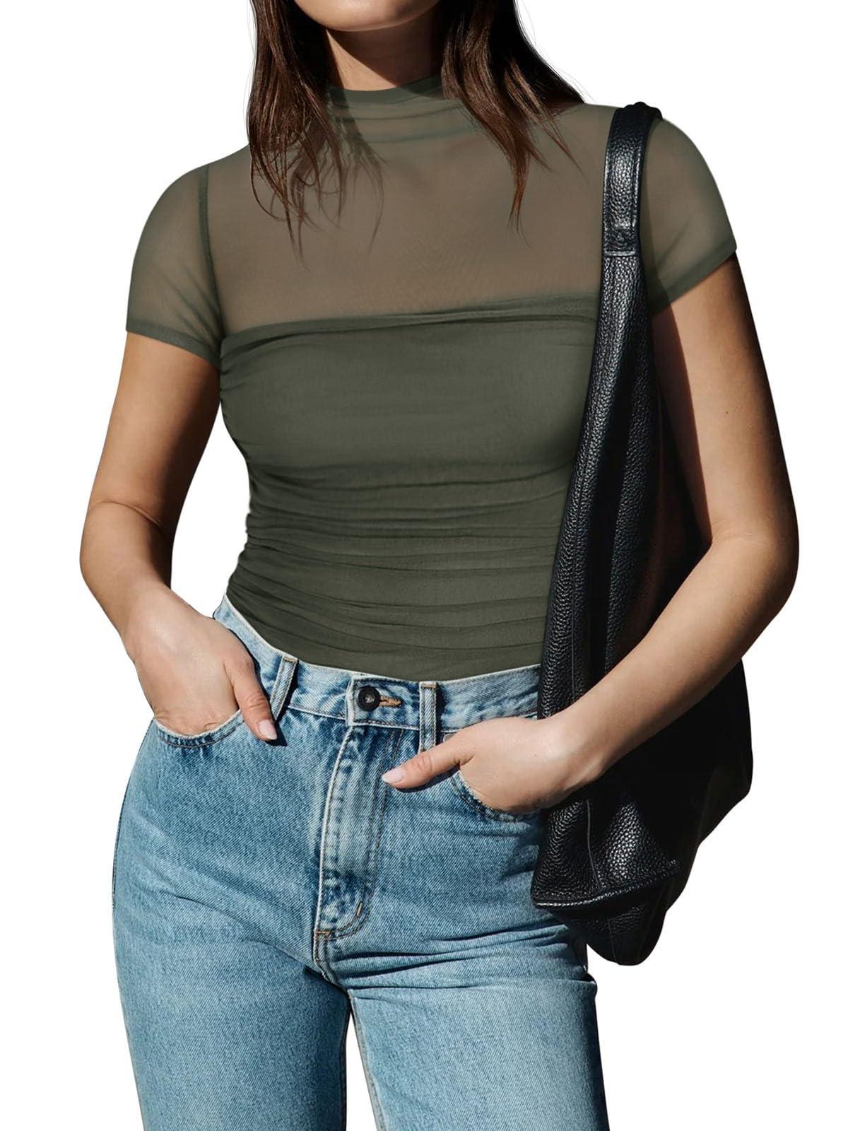 REORIA Women's Sexy Mock Turtle Neck Short Sleeve Shirts Sheer Mesh Ruched Trendy Going Out Bodysuits Tops - Image 5