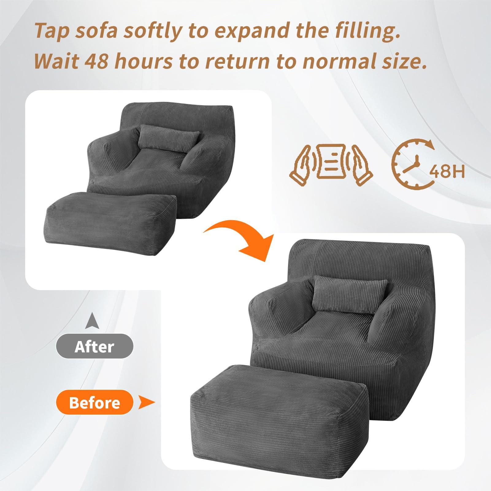 Giant Bean Bag Chair for Adults, Bean Bag Sofa Chair with Ottoman, Comfy Reading Chair for Dorm Room, Dark Grey - Image 7