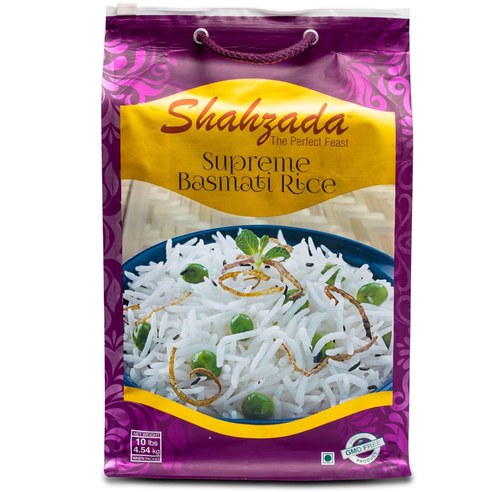 Shahzada Supreme Basmati Rice 10 Lbs – Extra Long Grain, Non-Sticky, Non GMO, Vegan, Gluten Free, No Cholesterol, Low Sodium, Zip-Lock Bag, Parboiled