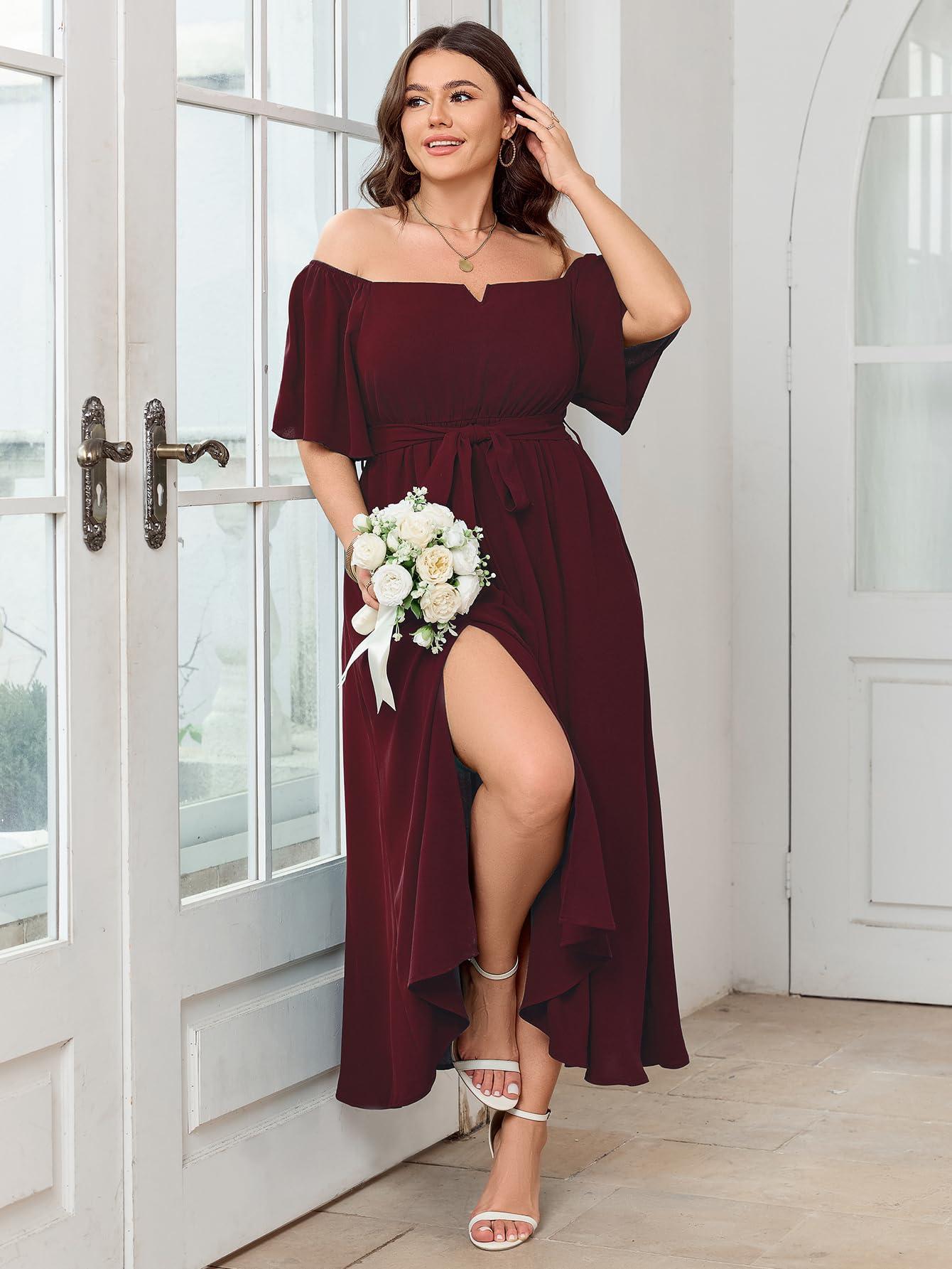 SCOMCHIC Womens Plus Size Formal Maxi Dress Off The Shoulder Wedding Guest Cocktail A-Line Split Long Dress with Pockets - Image 5