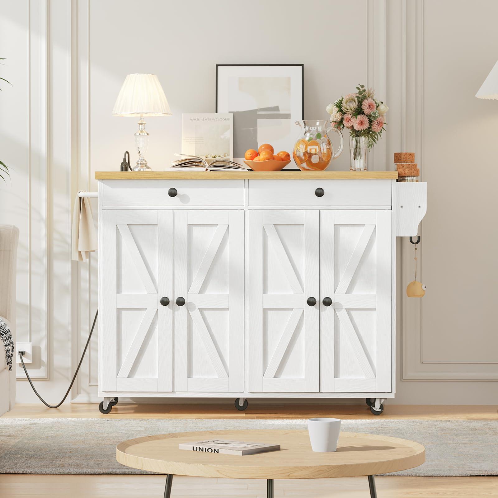 HOOBRO 43.3 Inch Kitchen Island with Charging Station, Rolling Kitchen Island with Storage, Rolling Cart with Spice Rack and Hooks, for Dining, Living Room, White and Natural WN11UZD01 - Image 6