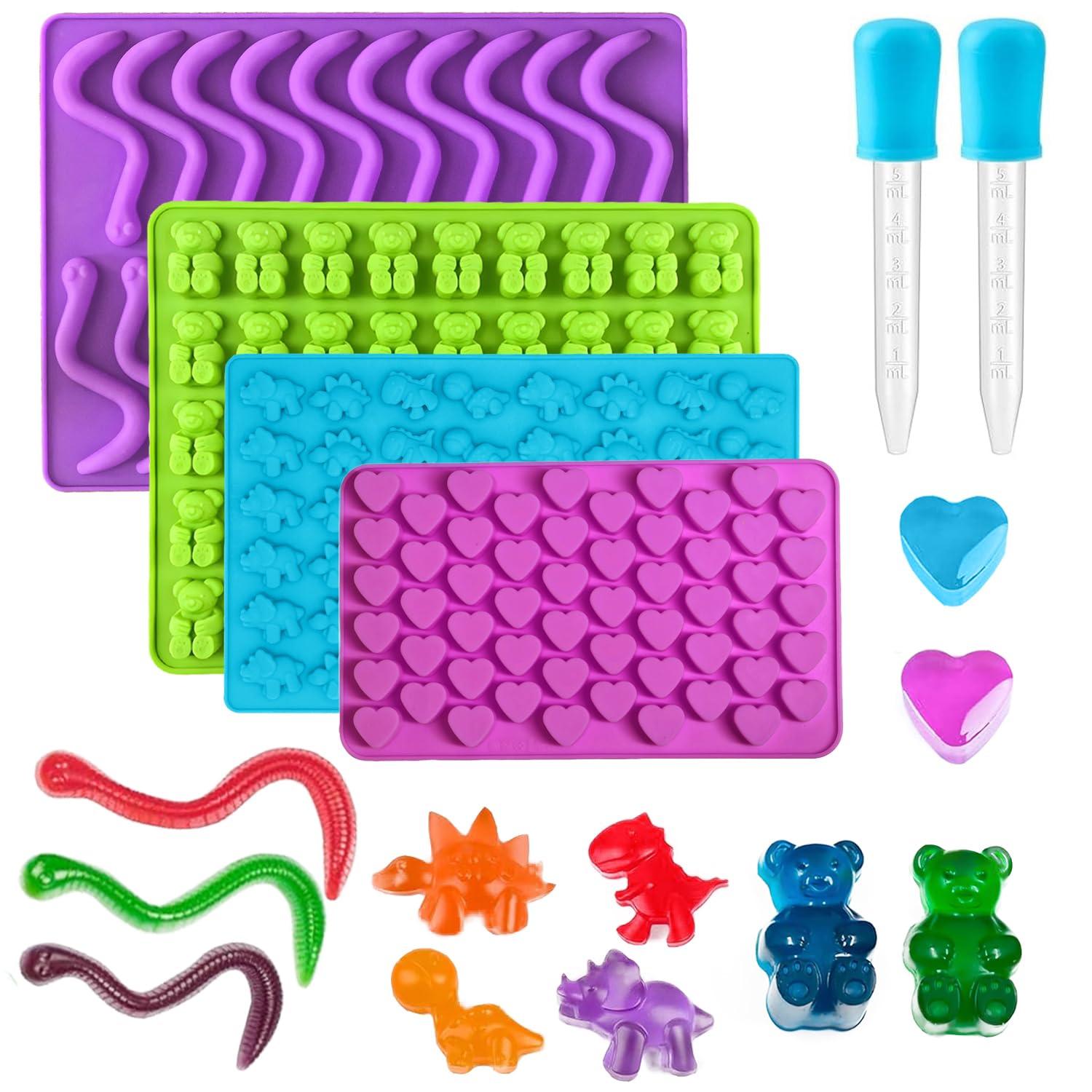 Gummy Candy Molds - Silicone Gummy Bear/Dinosaur/Hearts/Gummy Worm Mold for Kids with 2pcs Dropper,Non-stick and Bpa Free for Mini Candy Chocolate Gummies Baking