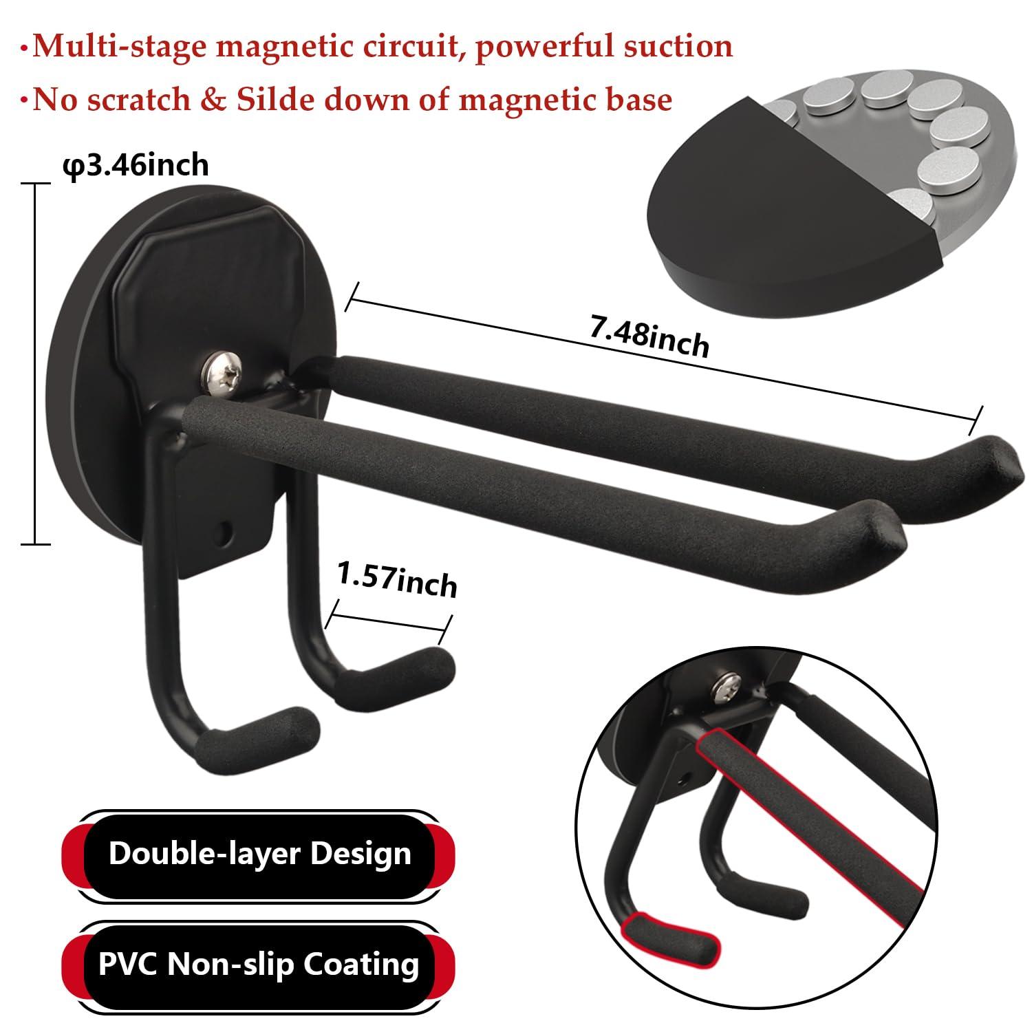 ULIBERMAGNET Double Layer Magnetic Hooks,Heavy Duty Magnetic Storage Hooks for Garden Tools,Shovel,Rope,Cable,Hose,Power Tool Organizer for Garages,Gardens,Workshop (2PACK/3.46INCH) - Image 2