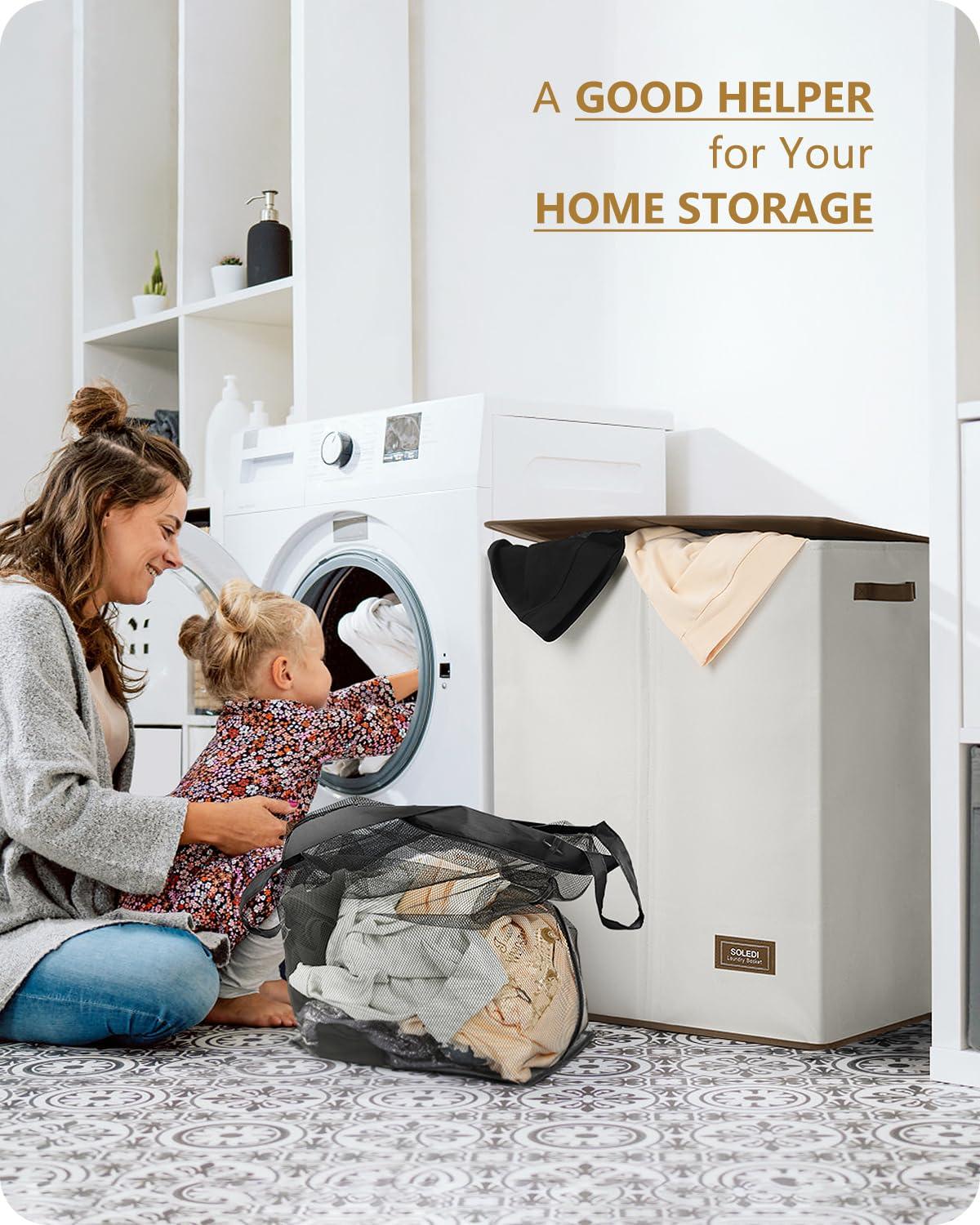 SOLEDI Luxury Double Laundry Hamper with Lid and Removable Bags, Large Hamper for Laundry, Laundry Basket 2 Sections, Collapsible Ditry Clothes Hamper for Bedroom, Laundry Room, Bathroom, Off-white - Image 7