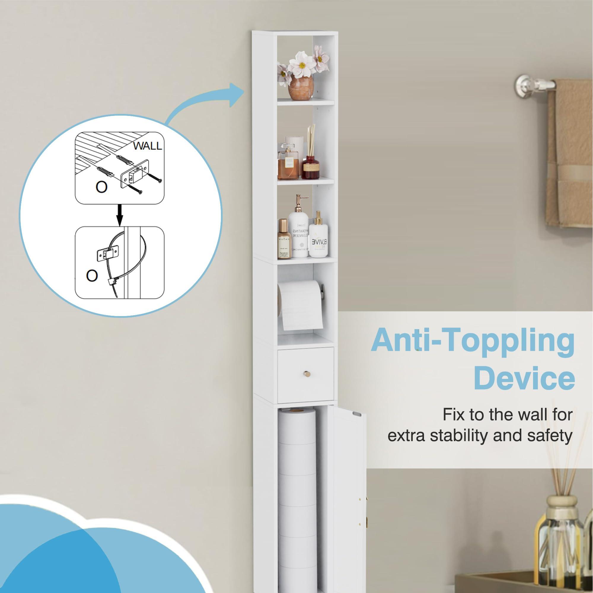 VECELO Tall Bathroom Cabinet with 3 Adjustable Shelves, Slim Storage Cabinet with Toilet Paper Holder & Drawer,Narrow Cabinet with Farmhouse Door & Arrow Handle, Pearl White - Image 4