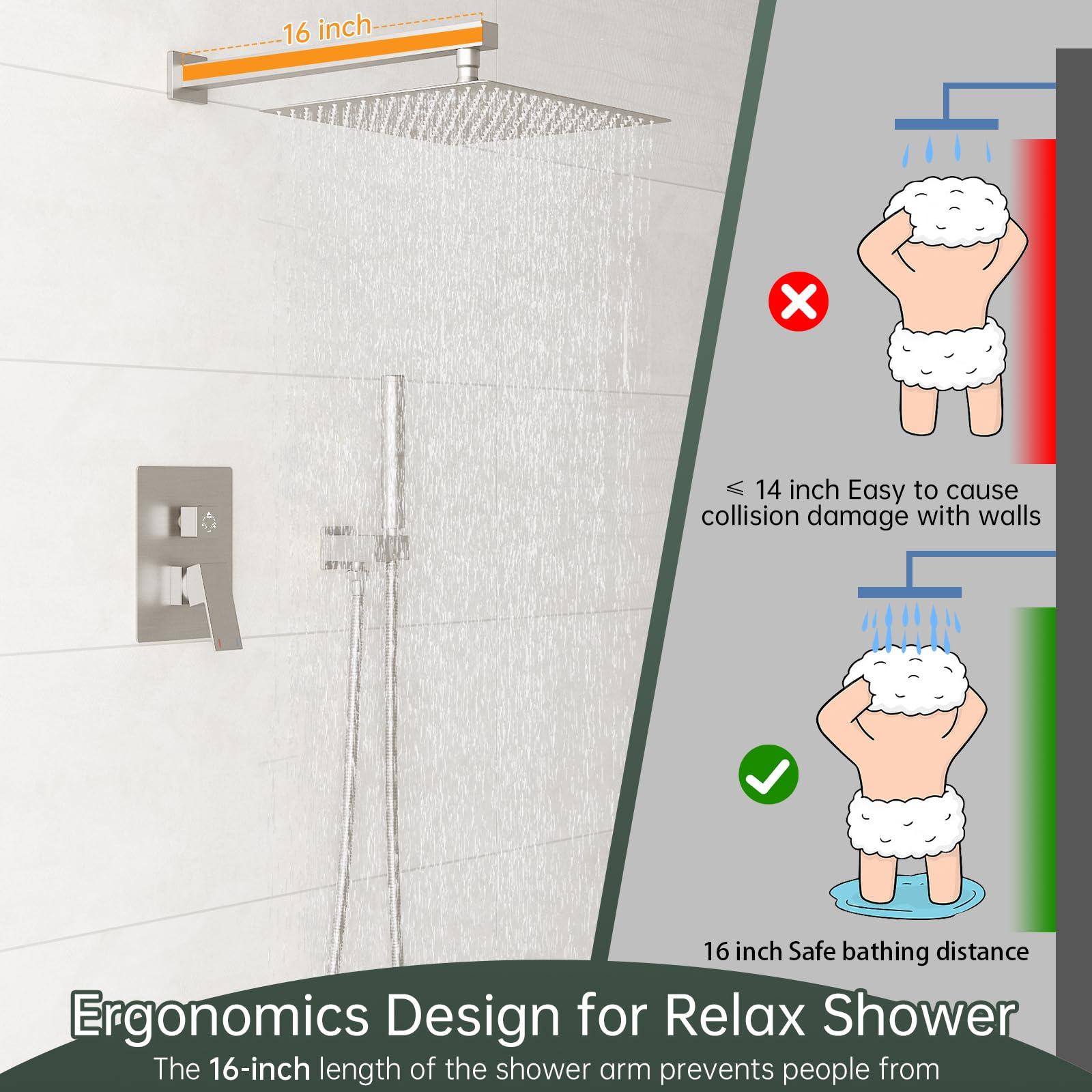 Hoimpro 12 Inch Shower System Set Bathroom Rain Shower Head Brass 2 In 1 Handheld Sprayer Wall Mounted, Rainfall Shower Faucet Spray Fixture Valve Kits Combo Showerhead, Brushed Nickel - Image 4