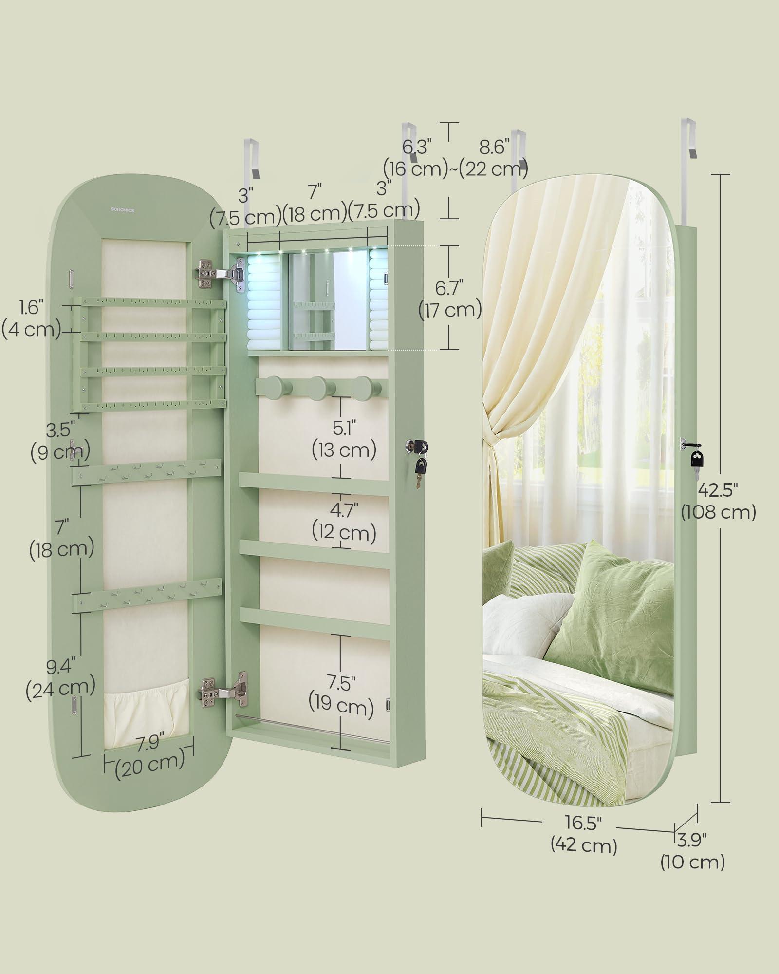 SONGMICS Jewelry Organizer, LED Jewelry Cabinet Wall/Door Mounted, Lockable Rounded Wide Mirror with Storage, Interior Mirror, 3.9 x 16.5 x 42.5 Inches, Laurel Green Surface with Cream White Lining - Image 2
