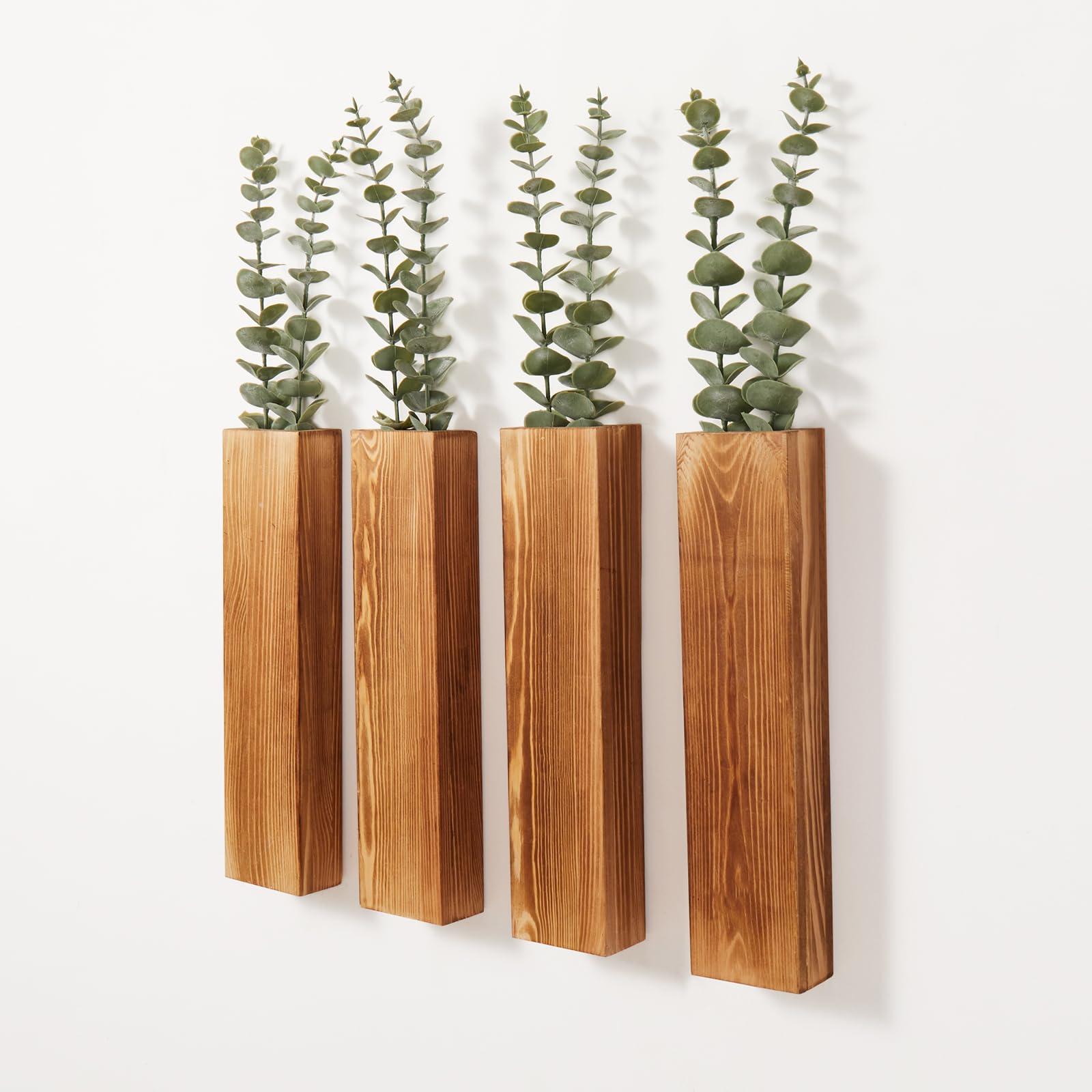 Mokof 4-Pack Wood Wall Planters with 8 Removable Faux Eucalyptus Stems - Modern Farmhouse Wall Decor for Living Room, Bedroom, Bathroom - Wooden Wall Vases and Fake Eucalyptus for Home Office Decor