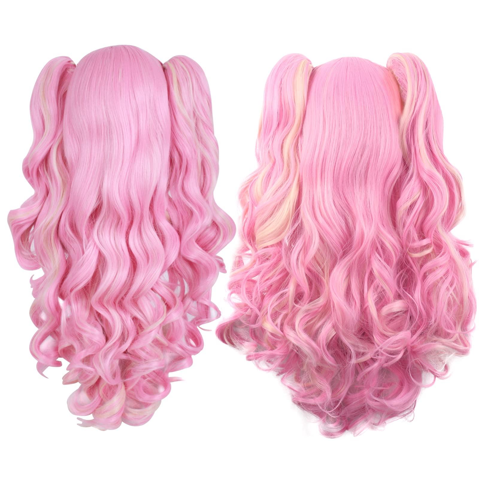 MapofBeauty Multi-color Lolita Long Curly Clip on synthetic Ponytails Cosplay Wig (Pink/Blonde) - Image 3