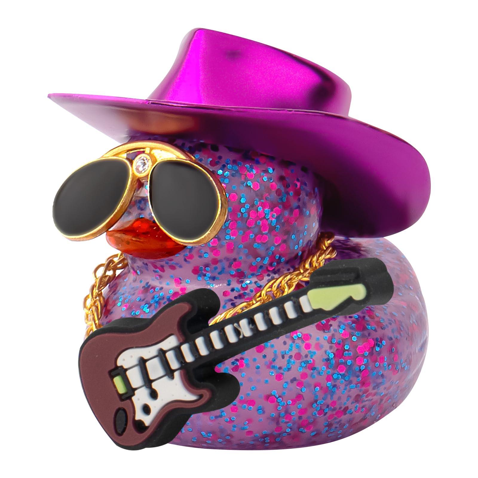 wonuu Car Decorations Laser Cowboy Hat Rubber Ducks, Dashboard Rubber Ducky for Car Ornament Cute Duck with Hat, Glasses, Necklace, Guitar (Glitter Purple)