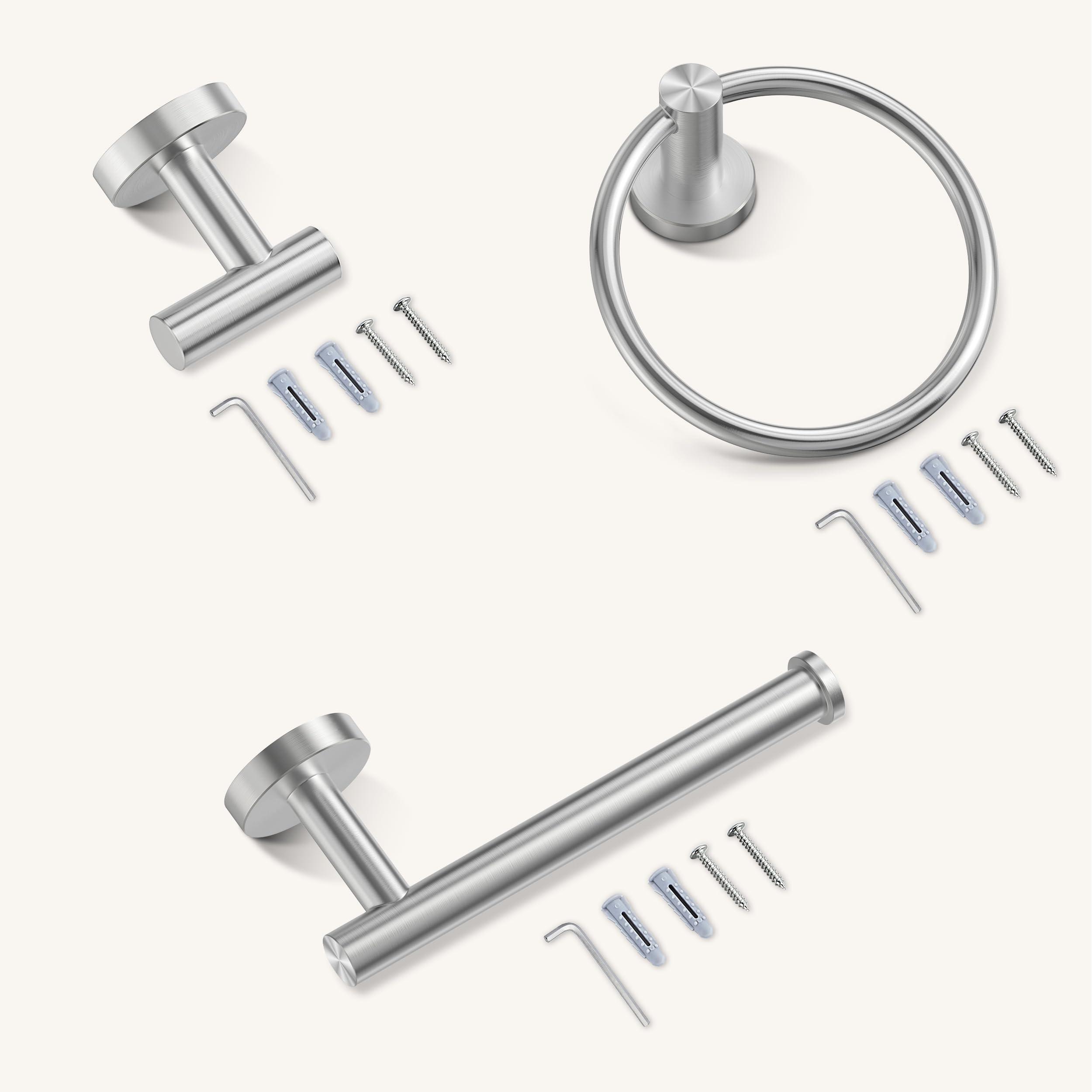 FORIOUS 4 Piece Brushed Nickel Bathroom Accessories, SUS304 Stainless Steel Toilet Paper Holder and Hand Towel Holder Set, Wall Mounted Bathroom Hardware Set with Towel Ring and Hooks - Image 8