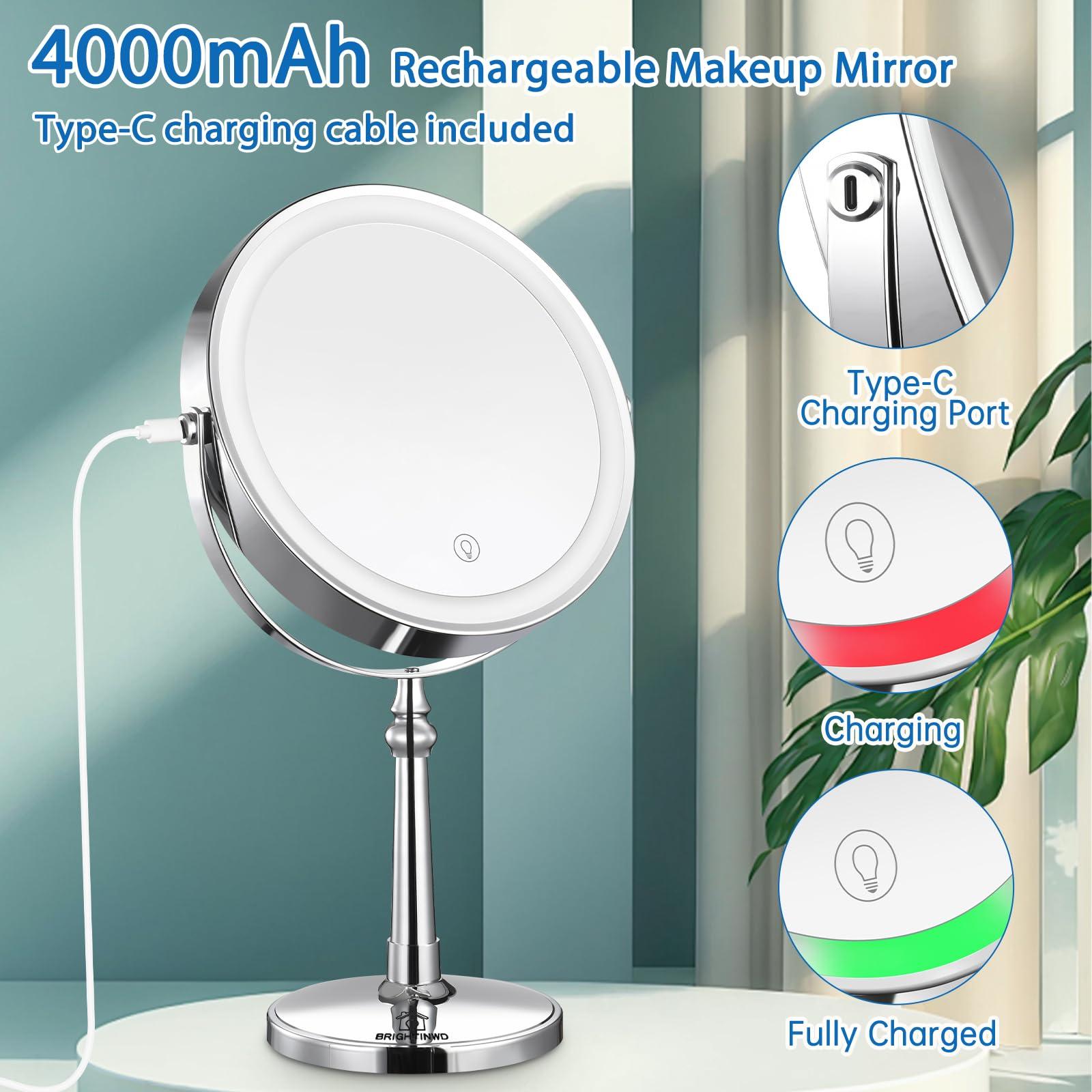 BRIGHTINWD 9" Large Lighted Makeup Mirror, 1X/10X Magnifying Mirror with Lights, 360 Rotate Touch Screen Vanity Light up Mirror with 3 Color Lights, Brightness Adjustable - Image 7