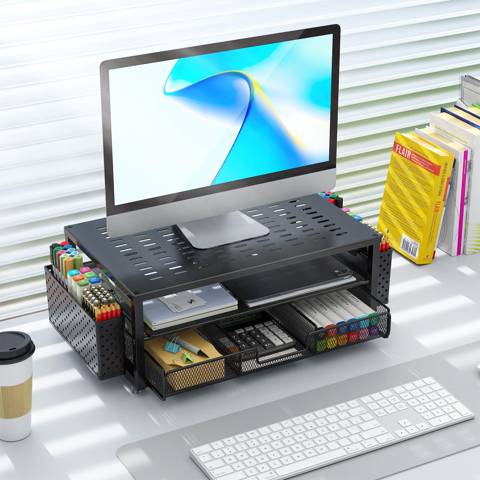 gianotter Desk Organizers and Accessories, Monitor Stand with Drawer and 2 Pen Holder, Desktop Organizer Suitable for Offices and Dormitories (Black) - Image 2