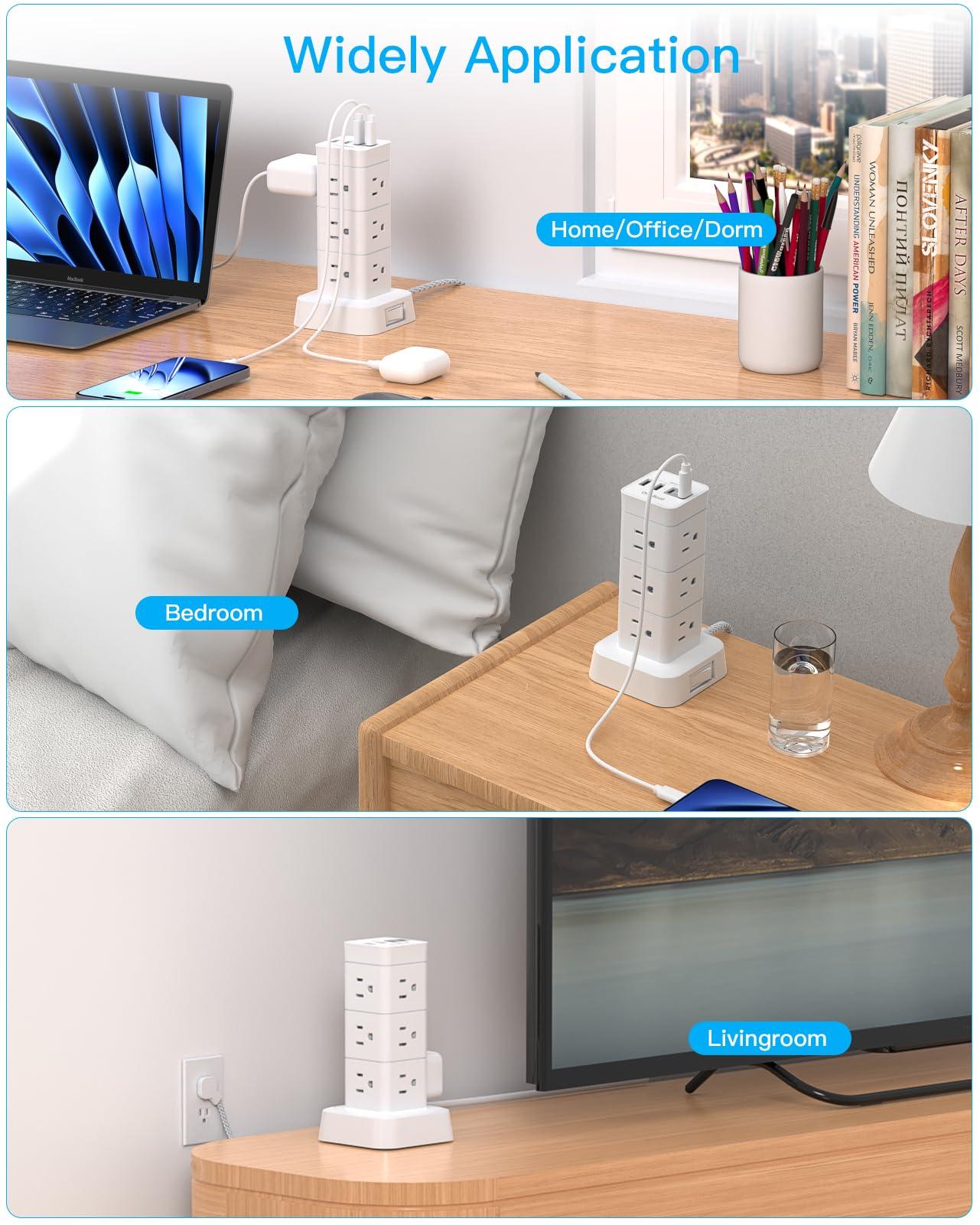 Surge Protector Power Strip Tower, 12 Outlets 4 USB (2 USB C), 6Ft Flat Plug Extension Cord with Multiple Outlets, Desktop Charging Station for Multiple Devices, Office Desk College Dorm Essentials - Image 7