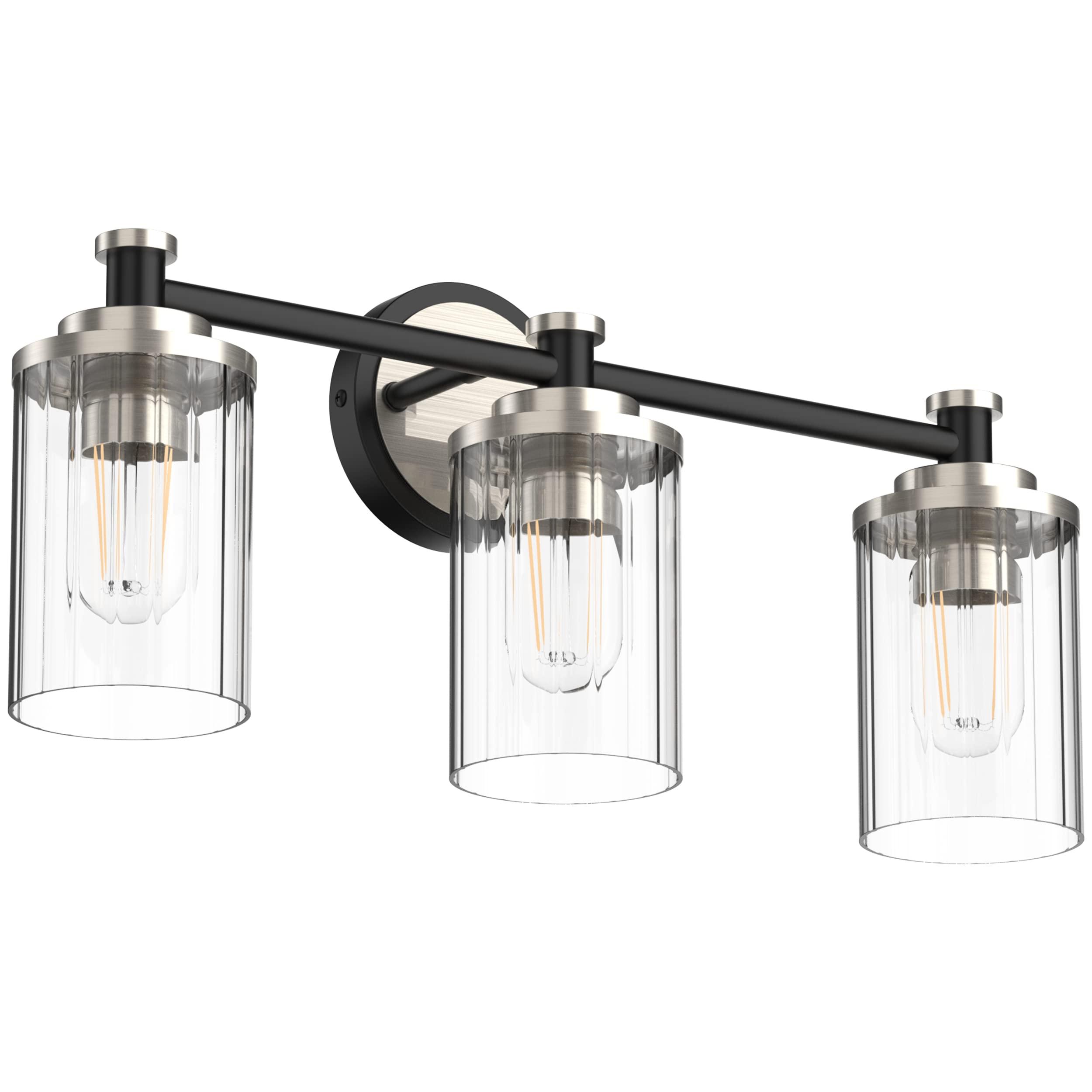 PHIXART Bathroom Lighting Fixtures Black and Brushed Nickel Bathroom Vanity Light with Cylindrical Clear Stripes Glass Lampshade E26 Socket Base Bathroom Lighting Fixtures Over Mirror (3 Lights)