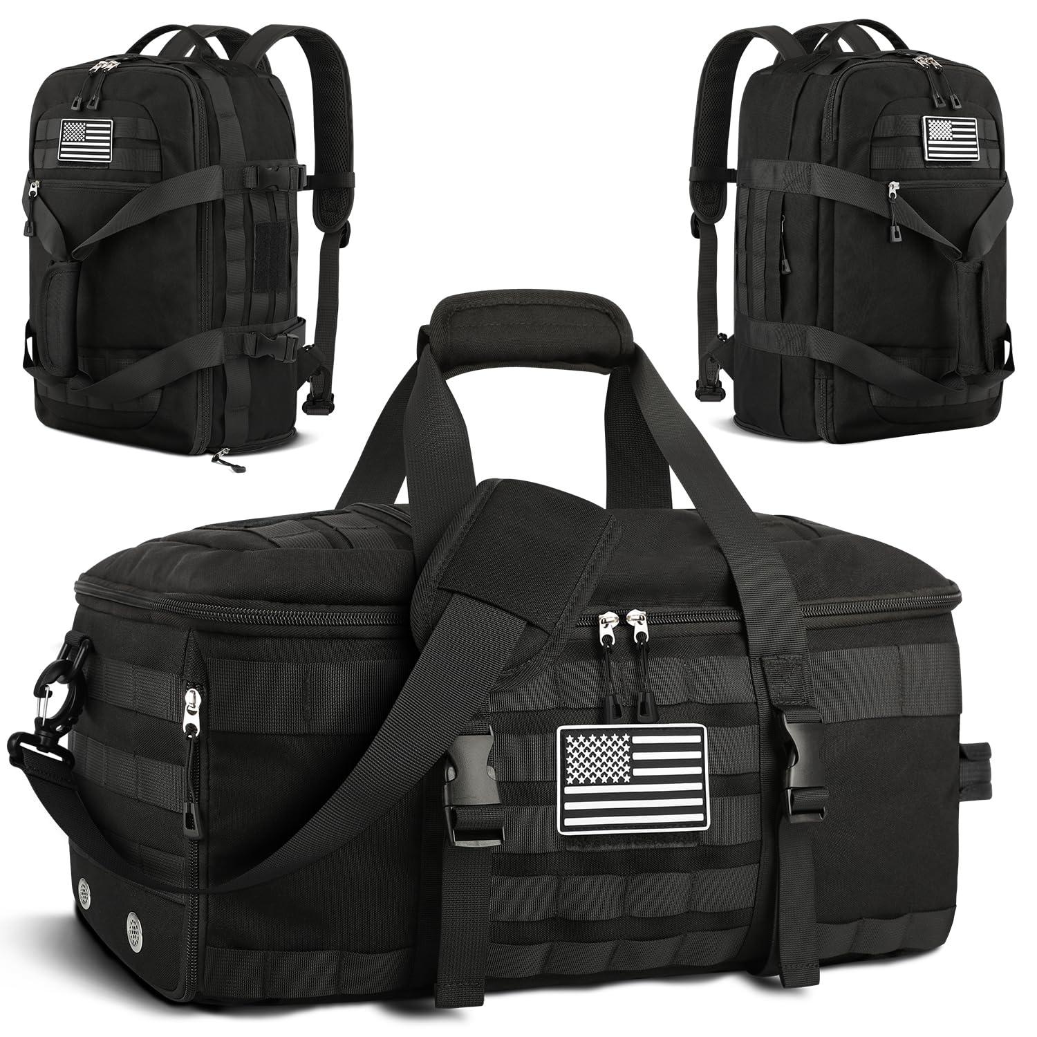 ETRONIK Gym Bags for Men Women, Tactical Duffle Bag Backpack with Shoe Compartment, 3 in 1 Carry on Travel Backpack with Wet Pocket, Weekender Overnight Range Bag for Workout Football Gym, Black