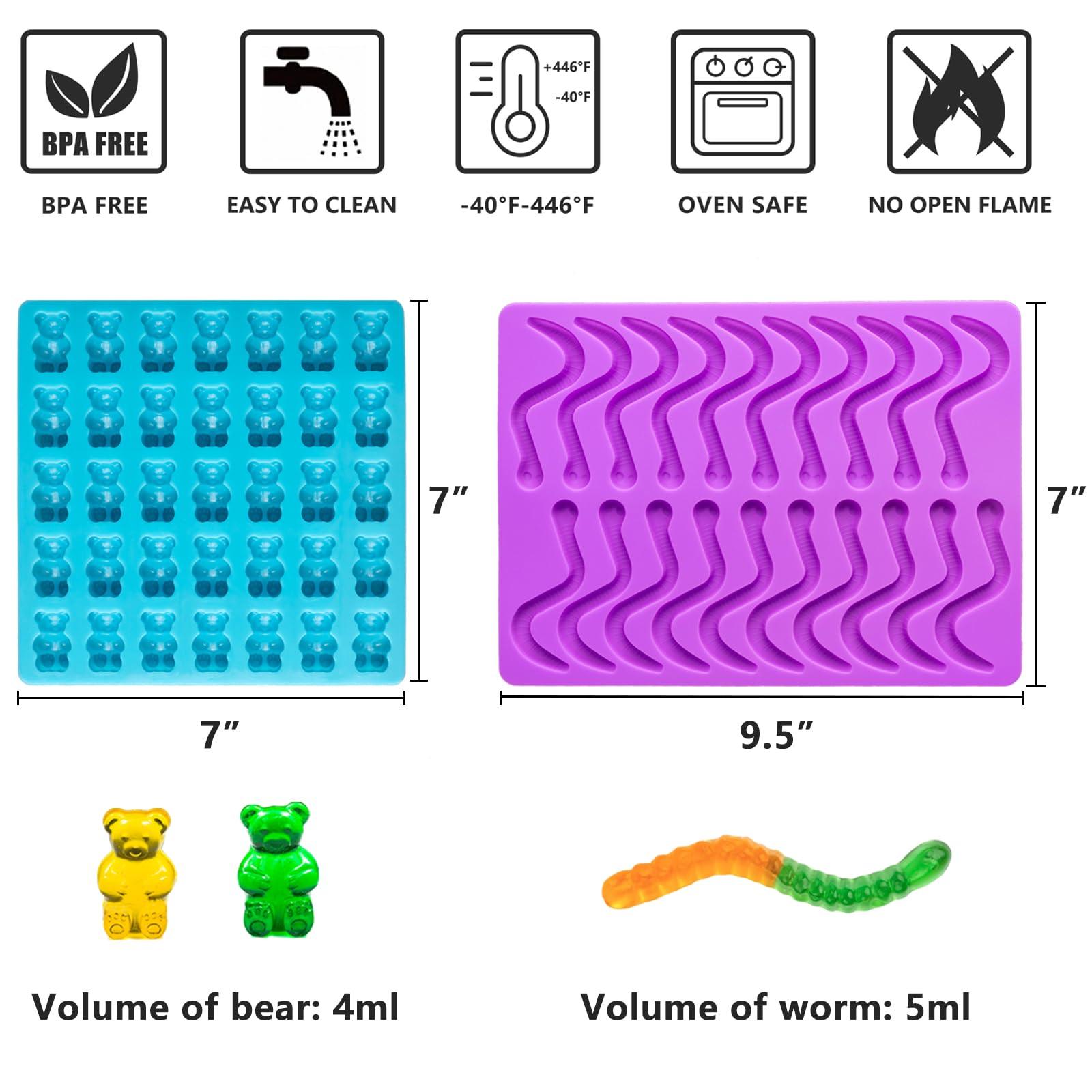 HKUCFTT Large Gummy Bear and Worm Mold Silicone, Candy Gummy Molds for Kids, Non-Stick Chocolate Molds BPA Free with 2 Droppers & 1 Cleaning Brush, Set of 4 - Image 3