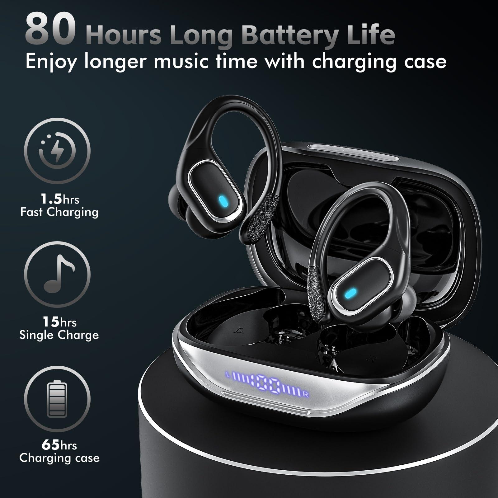 Wireless Earbuds Bluetooth Headphones 80Hrs Playtime Ear Buds IPX7 Waterproof Sports Earphones Wireless Charging Case Over-Ear Earhooks Headest - Black - Image 2