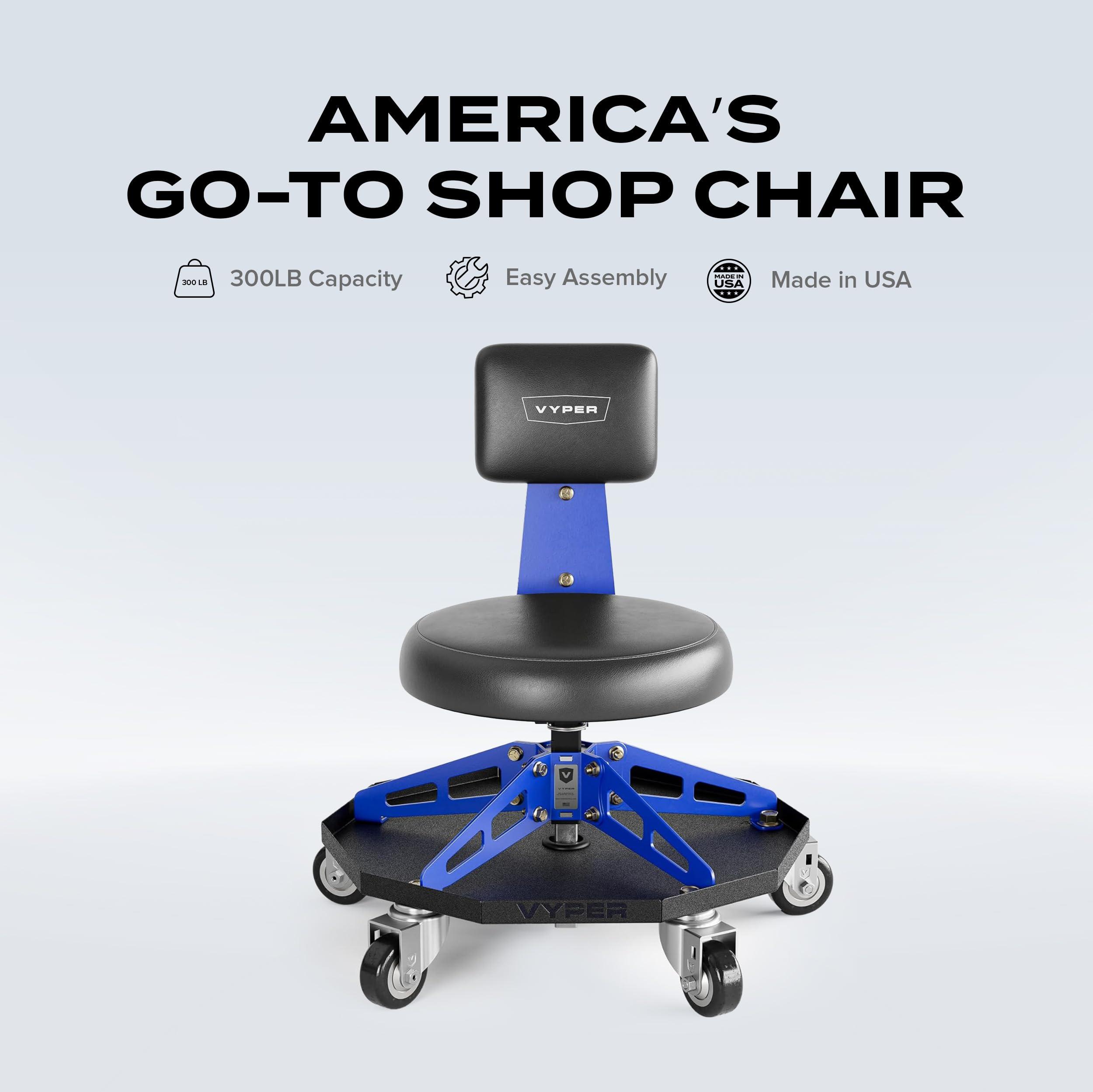 Vyper Robust Steel Sport Shop Chair for Mechanics, Automotive, DIY - 300 lb Capacity Garage Stool with Backrest & Large Wheels (Black Seat, Blue Frame) - Image 3