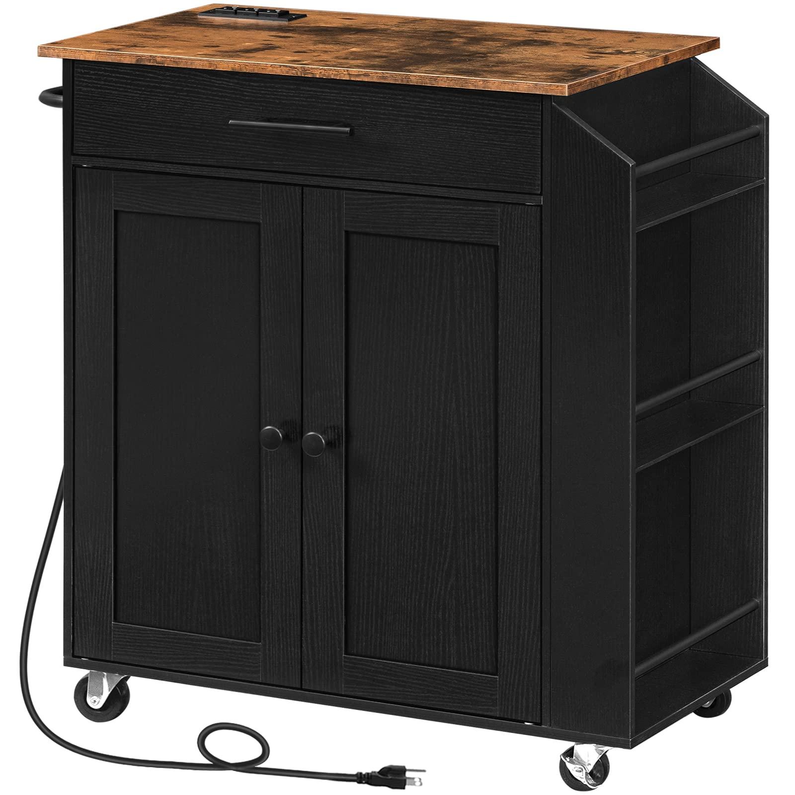 HOOBRO Kitchen Island with Power Outlet, Storage Island with Spice Rack and Drawer, Rolling Kitchen Cart on Wheels, for Home, Dining Room, Rustic Brown and Black