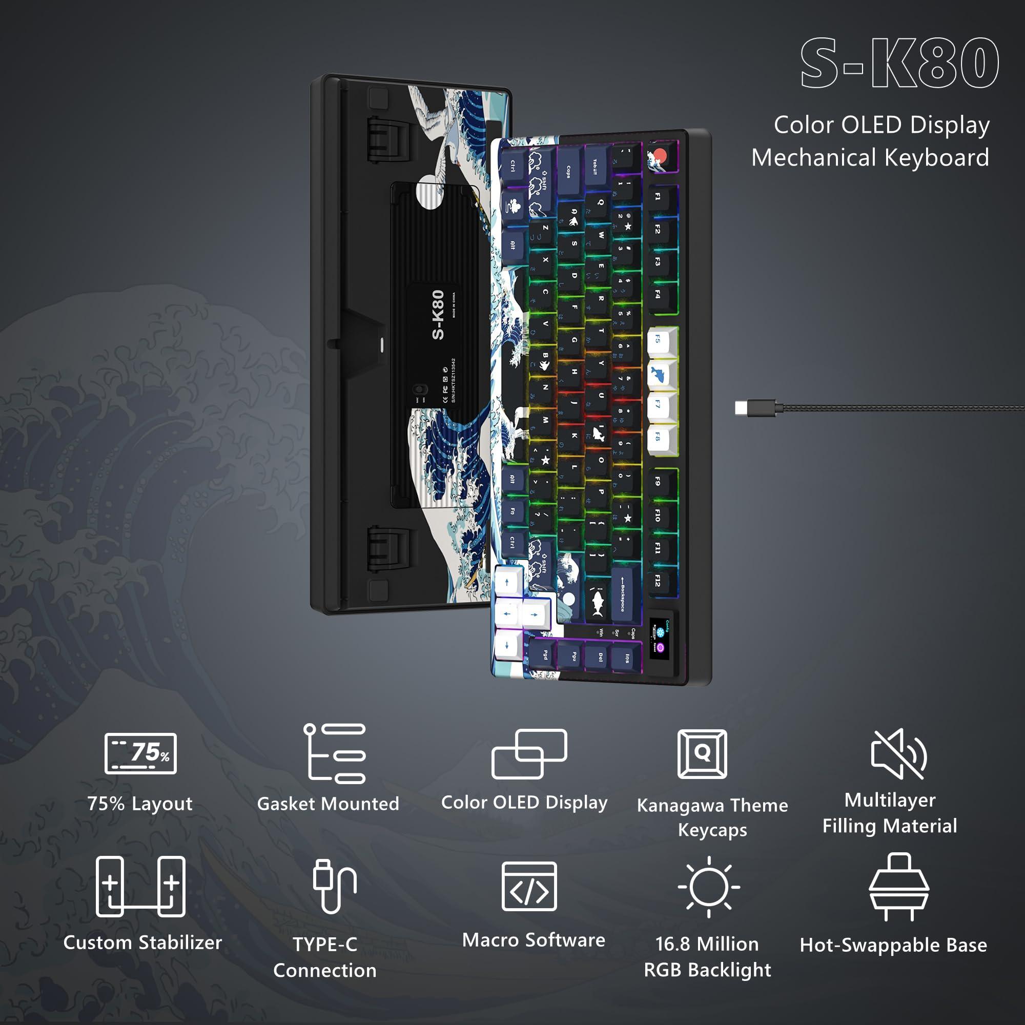 Womier S-K80 75% Keyboard with Color Multimedia Display Mechanical Gaming Keyboard, Wired Hot Swappable Gasket Mount RGB Custom Key Board, Pre-lubed Stabilizer for Mac/Win, Black Kanagawa - Image 6