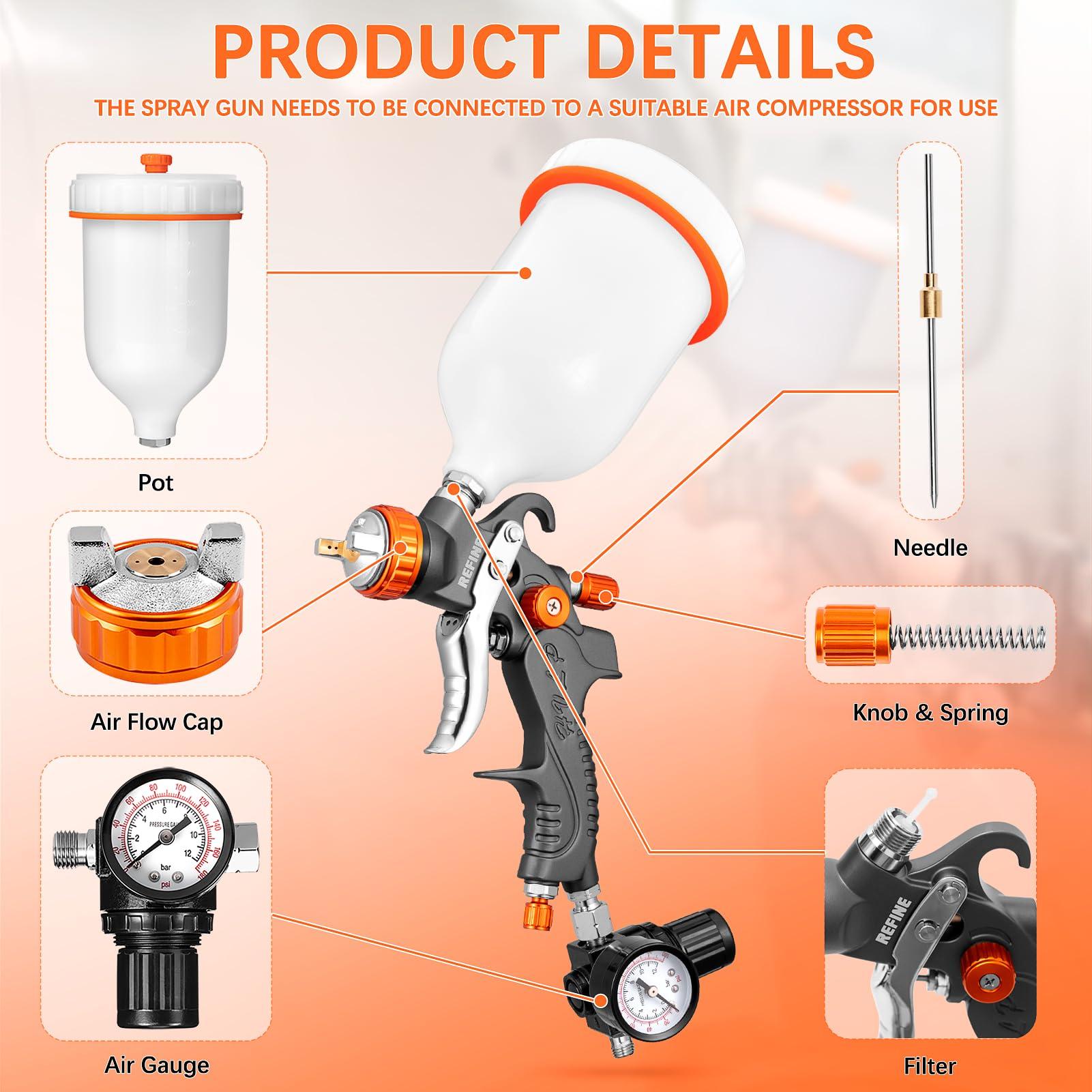 REFINE HVLP Air Gravity Spray Gun Sets, 2-Spray Paint Gun, 1.0mm 100ml & 1.4/1.7mm 600ml Auto Paint Sprayer Gun with Air Regulator for Car Paint, Primer, Topcoat & Touch-Up, Furniture, House Painting. - Image 7