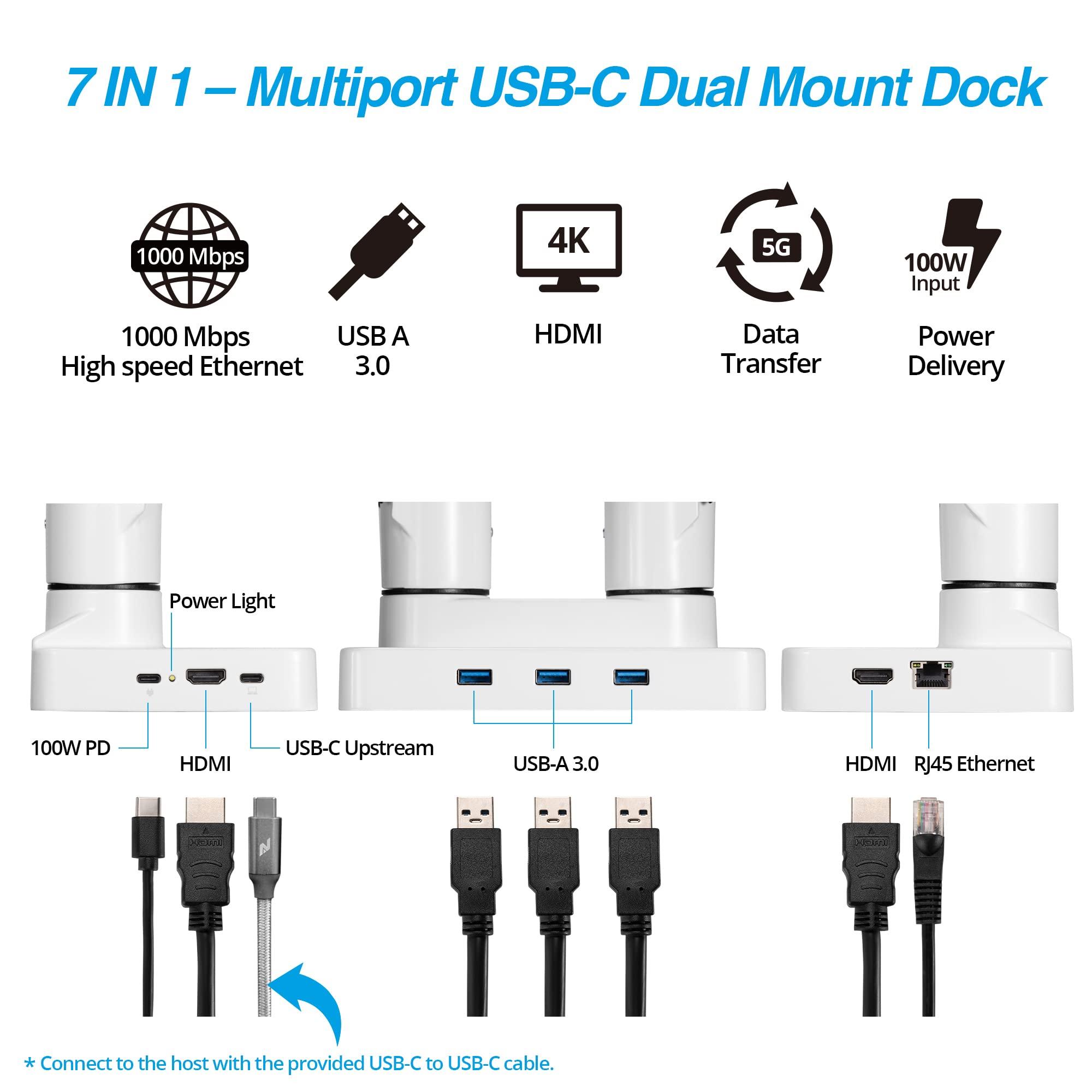 AVLT Dual 17”-43" Monitor Arm Desk Mount with 15" Laptop Tray and USB-C Docking Station, HDMI 4K60Hz, USB-A 5Gbps, Ethernet, 100W PD, Fits Two Flat/Curved Monitor - White - Image 3