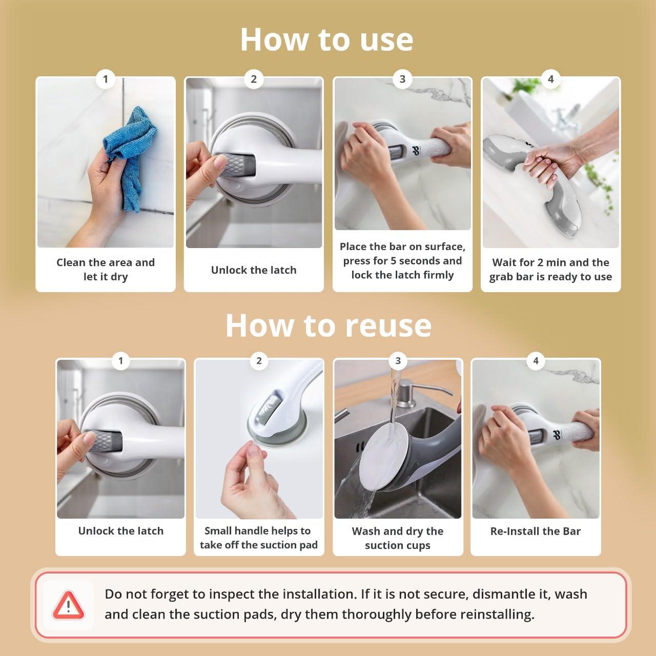 2Pack DwellDecor Grab Bars for Bathtubs and Showers, Shower Handles for Elderly Suction, Handicap Grab Bar, Suction Shower Grab Bars for Seniors, Bathroom Grab Bars, Shower Bars Safety, 12inch, Grey - Image 5