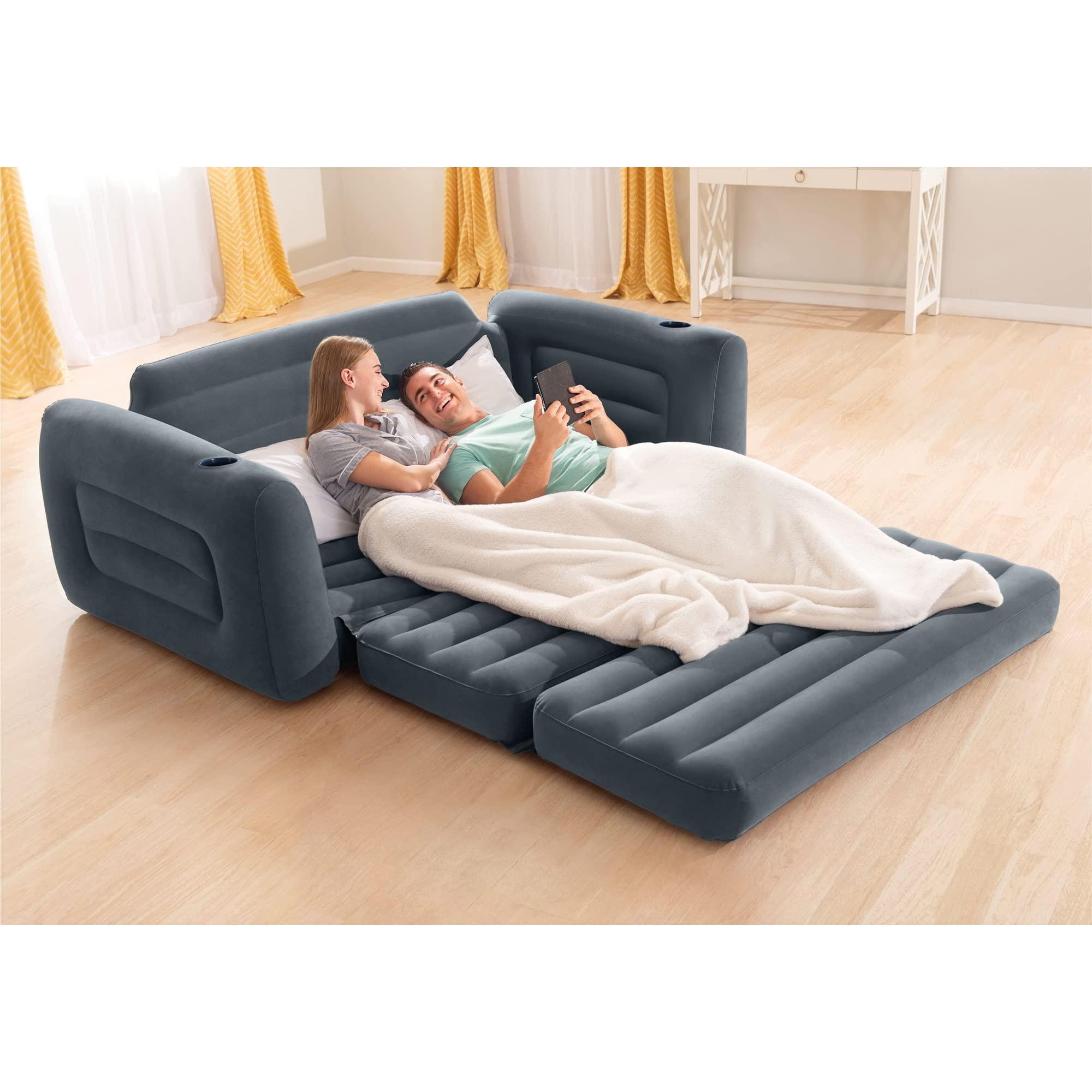 Intex Inflatable Pull-Out Sofa: Velvety Surface, 2-in-1 Valve, Cupholder, 46" x 88" x 26" - Blow-Up Couch and Folding Queen Size Air Mattress Bed - Image 9