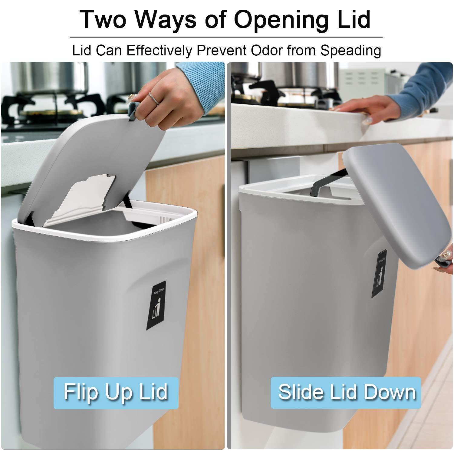 Tiyafuro 2.4 Gallon Kitchen Compost Bin for Counter Top or Under Sink, Hanging Small Trash Can with Lid for Cupboard/Bathroom/Bedroom/Office/Camping, Mountable Indoor Compost Bucket, Gray - Image 4