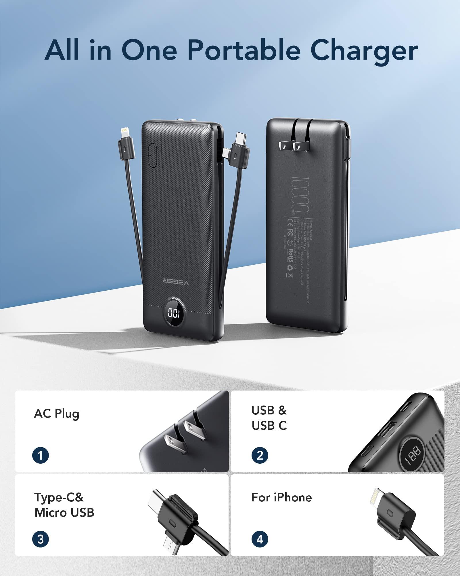 VEGER Portable Charger for iPhone Built in Cables and Wall Plug, 10000mah Slim Fast Charging USB C Power Bank, Travel Essential Battery Pack Compatible with iPhones, iPad, Samsung More Devices(Black) - Image 2