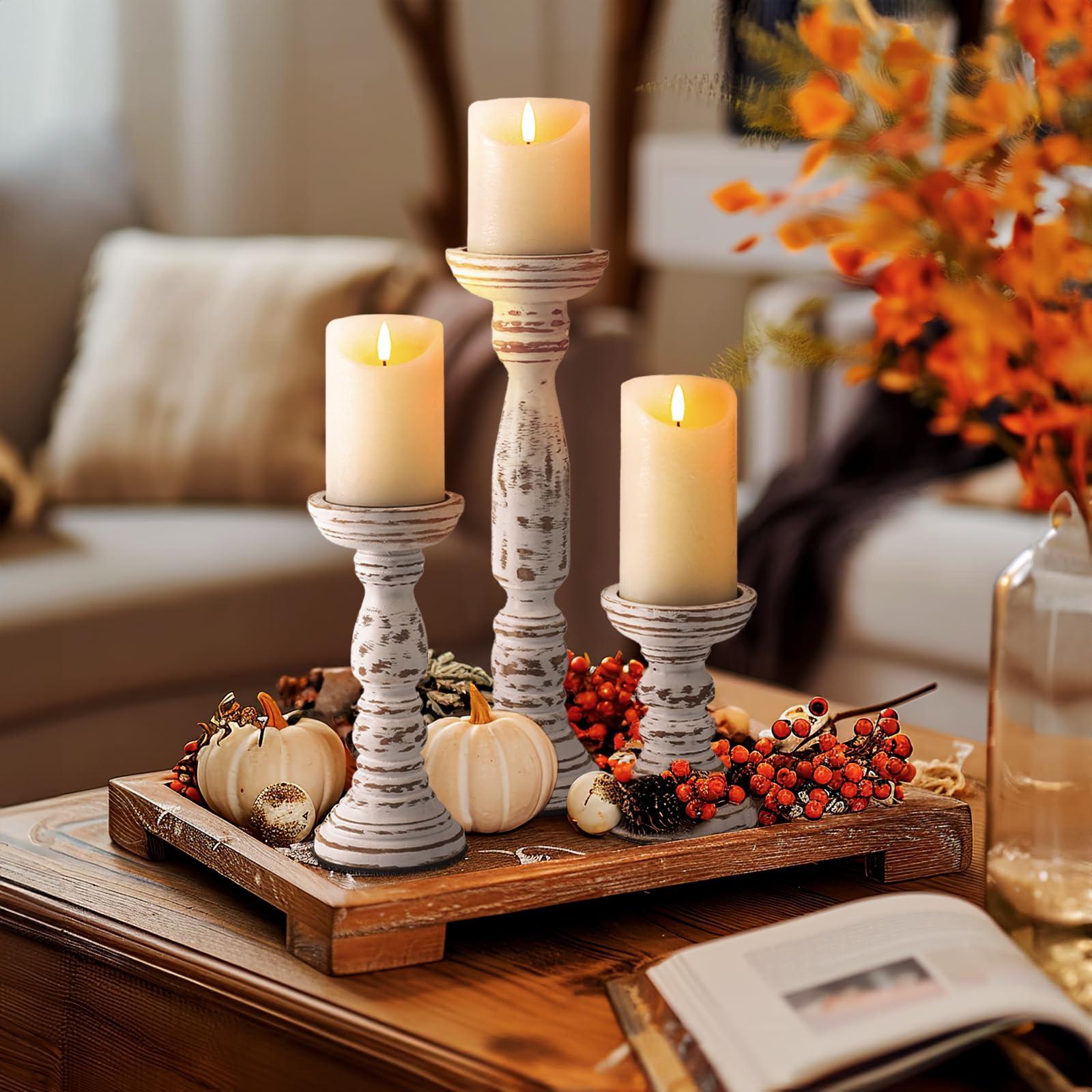 Homemory Farmhouse Wood Candle Holders for Pillar Candles Set of 3, Rustic Candle Holders for Table Centerpiece, 13" 9" 6" Vintage Tall Candle Stand Decorative for Dining Fireplace Living Room (White) - Image 8