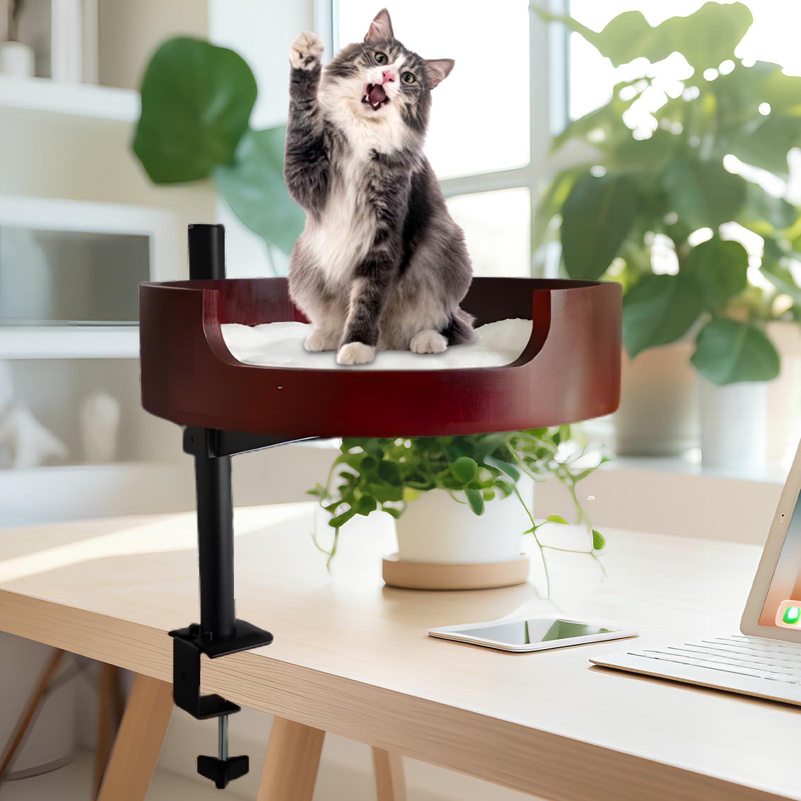 XZKING Cat Desk Bed- Adjustable Wooden Cat Bed for Home Office and Study Rooms, Desktop Kitten Furniture Attachment with Pet Mat, Ball, Mouse (Large)