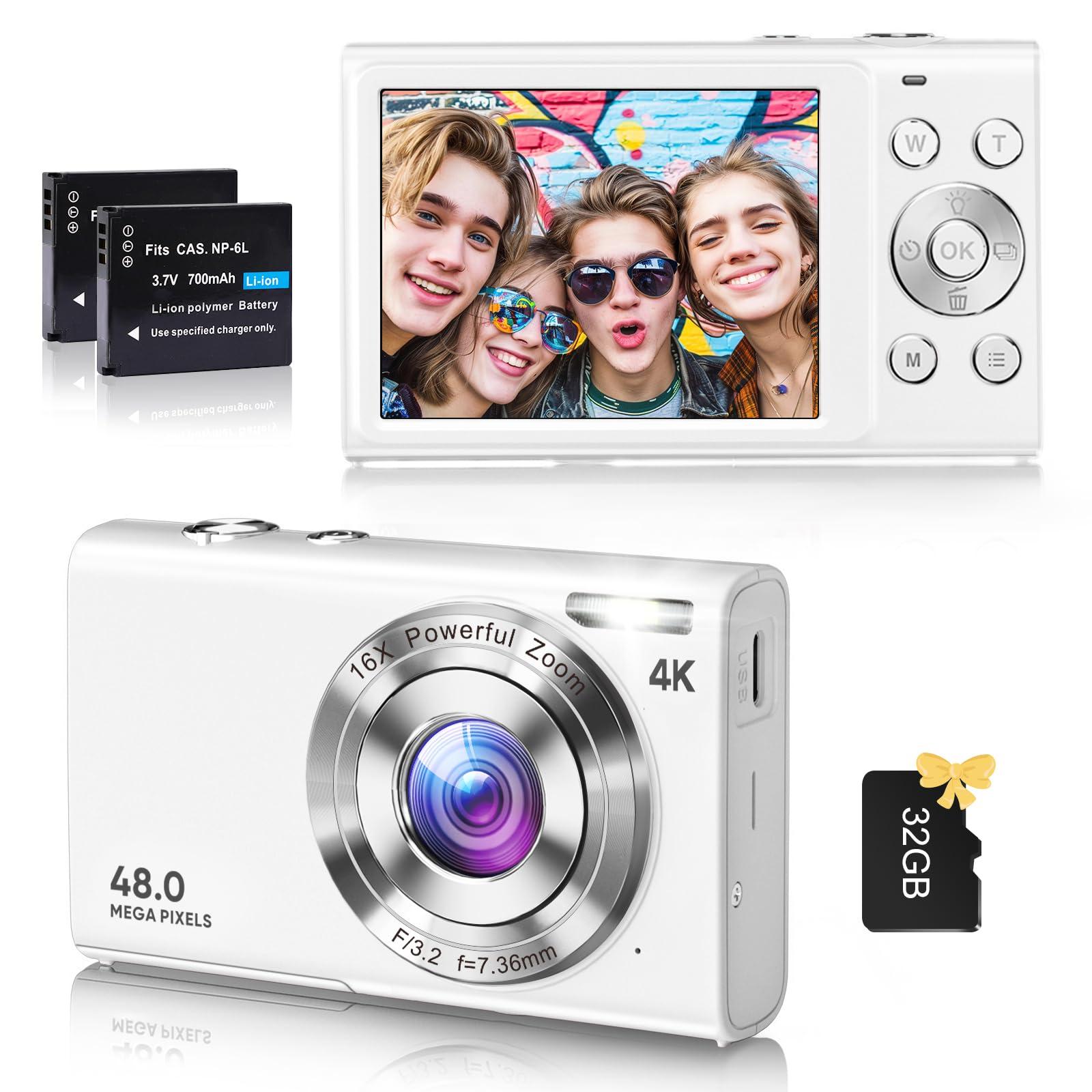 Digital Camera, 4K Vlogging Camera for YouTube Autofocus 48MP UHD Cameras for Photography with Anti-Shake, 16X Digital Zoom Point and Shoot Digital Camera with 32GB Card for Teens Adult Beginner-White