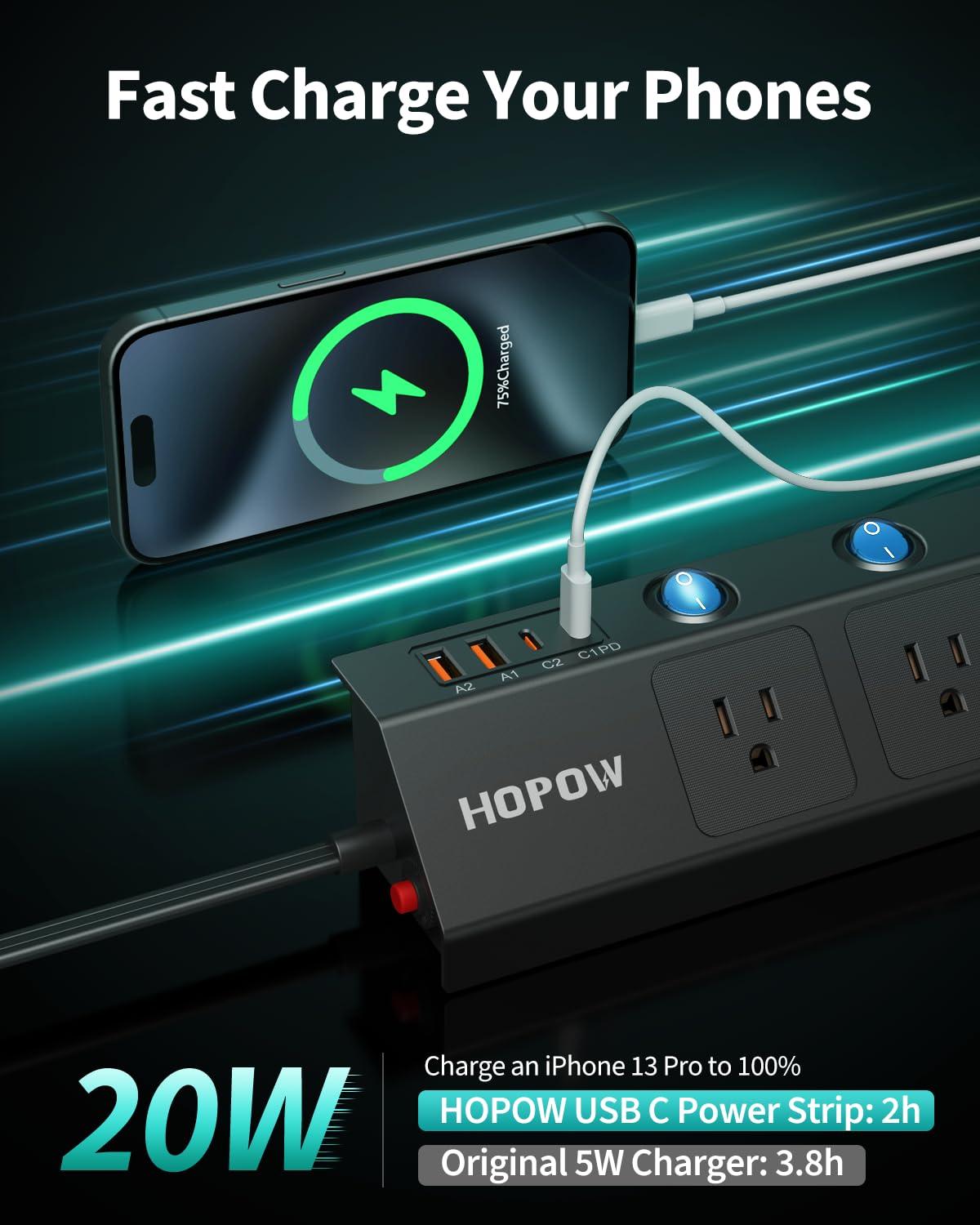HOPOW Flat Plug Power Strip with Individual Switches, 10 Ft Ultra Thin Flat Extension Cord, 5-Outlet Surge Protector with 2 USB-C (20W PD) & 2 USB-A, 1700 Joules, Wall Mount for Home Office, Black - Image 5