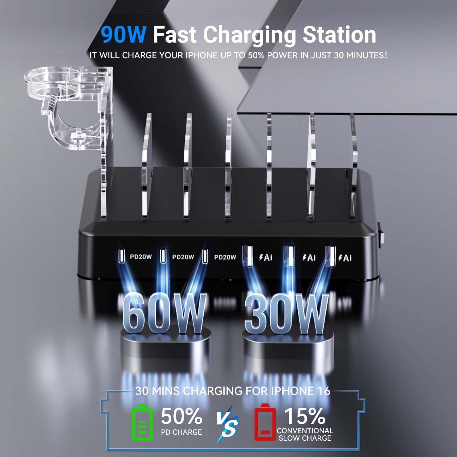 Catlyn Charging Station for Multiple Devices, 6 Port 90W Fast Charger Stations with 8 Mixed Charger Cables Organizer Dock,Compatible for Cell Phone,Tablet, Kindle, iPhone iPad for Family Home Office - Image 2