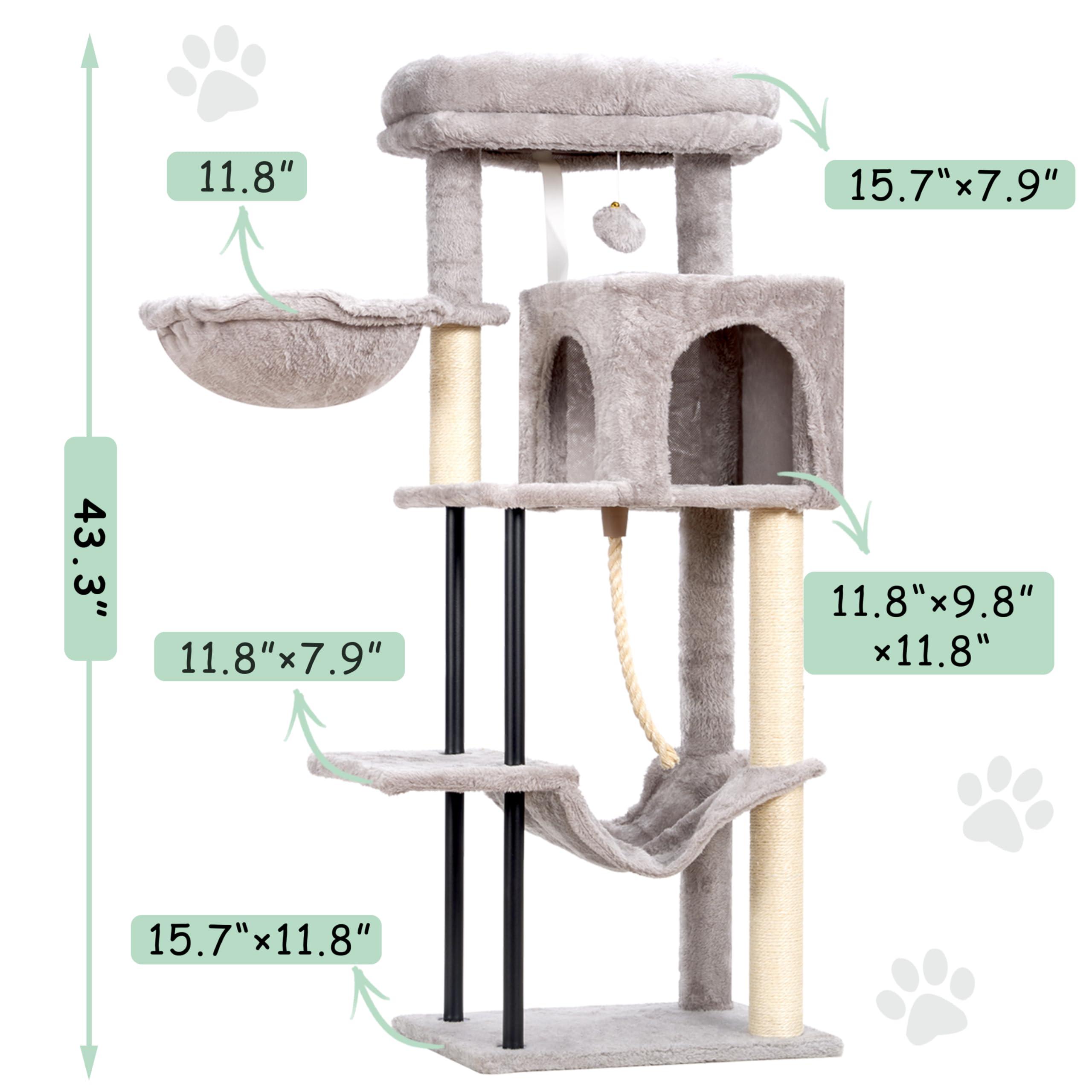 Gitelsnour Cat Tree, Cat Tower for Indoor Cats, 43.3 inch Cat Tree Tower with Sturdy Steel Tube, Cat Hammock, Cat Condo for Small Cats and Kittens, Cat Scratching Post, Light Gray GCT004SW - Image 3