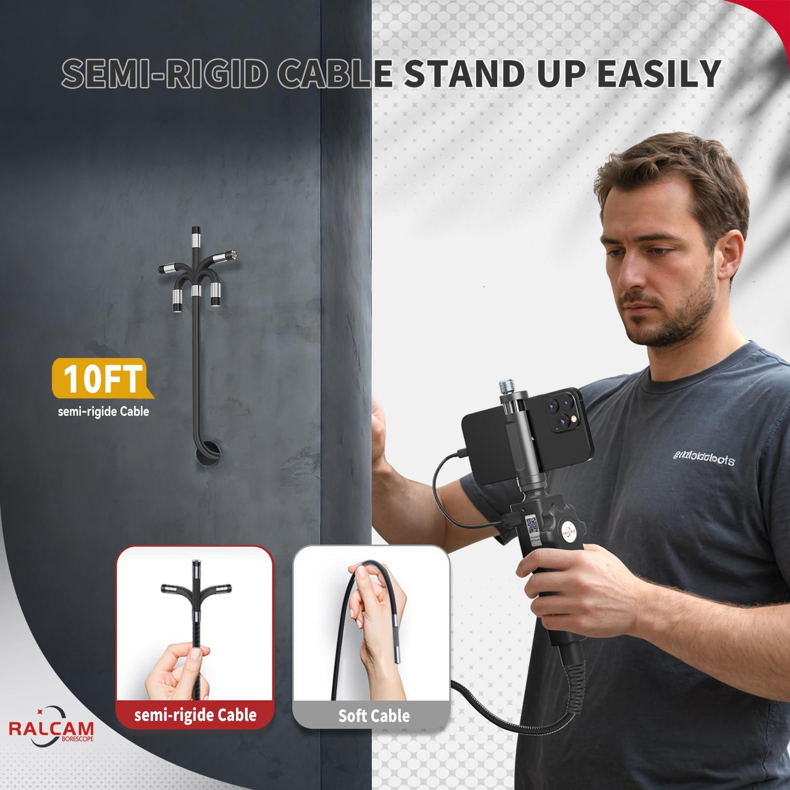 Ralcam Articulating Borescope, Industrial Endoscope Inspection Camera for Android and iOS Smartphone, 8.5mm HD 1080P with 10FT Semi Rigid Cable - Image 2