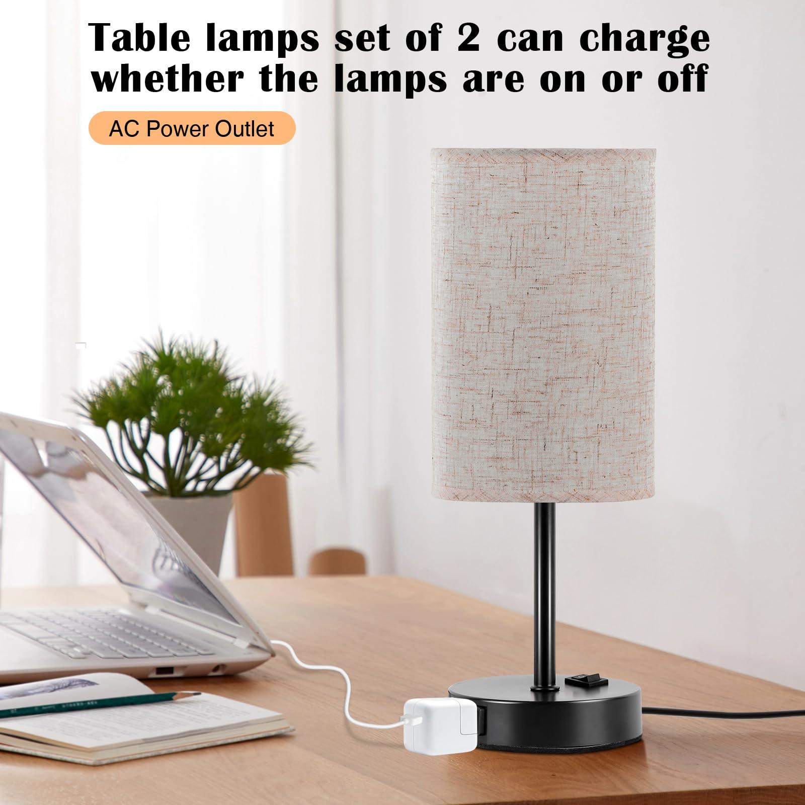 ZJOJO Table Lamp for Bedroom Set of 2, Bedside Small Lamps with 3 Way Dimmable Rocker Switch and AC Outlet, Nightstand Desk Lamp with Flaxen Fabric Shade Black Base for Living Room Home Decor Lights - Image 7