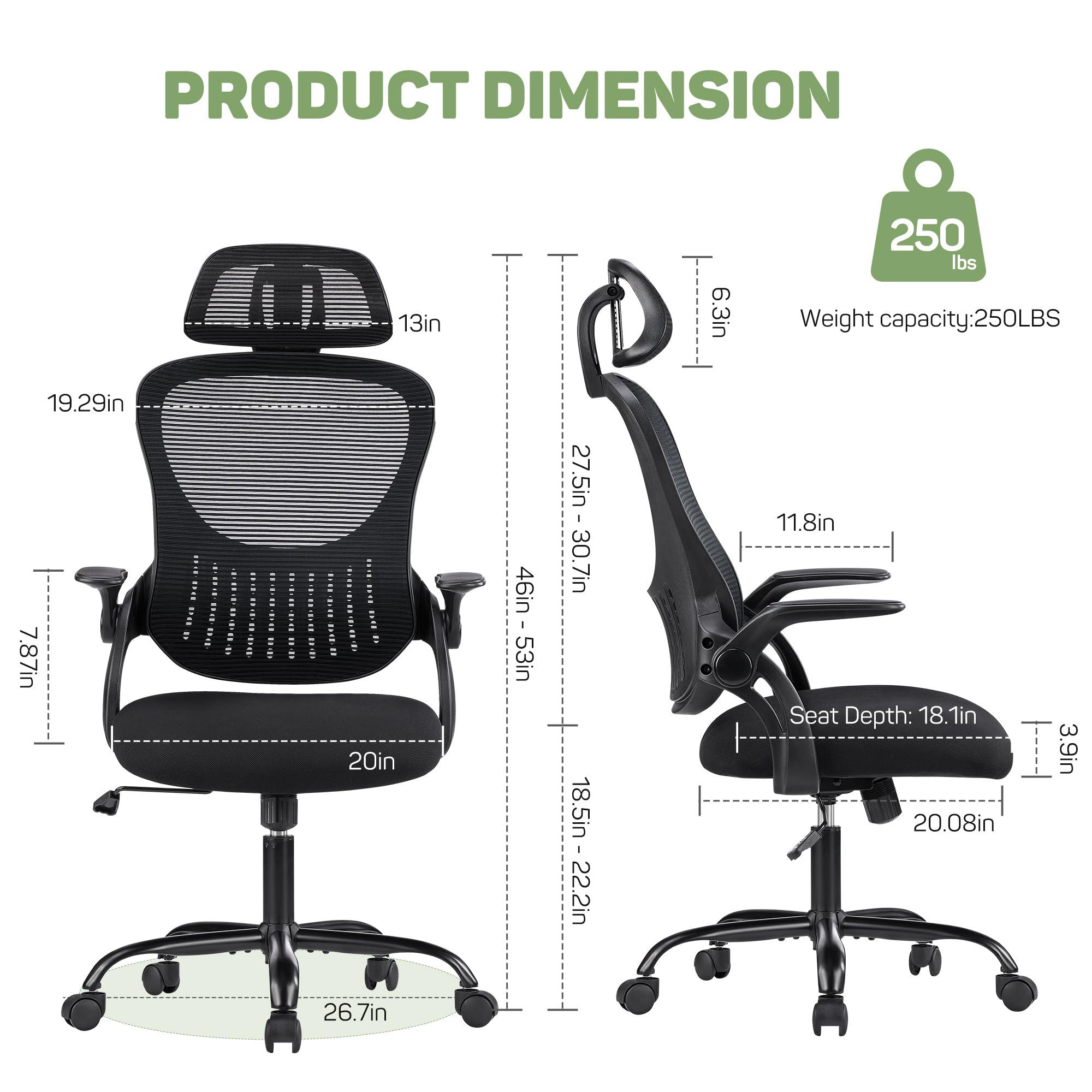Ergonomic Office Chair, High-Back Computer Desk Mesh Swivel Task Chairs with Flip-up Armrest Adjustable Headrests, Comfortable Lumbar Support Rolling Wheels, for Home, Work, Study, Black - Image 2