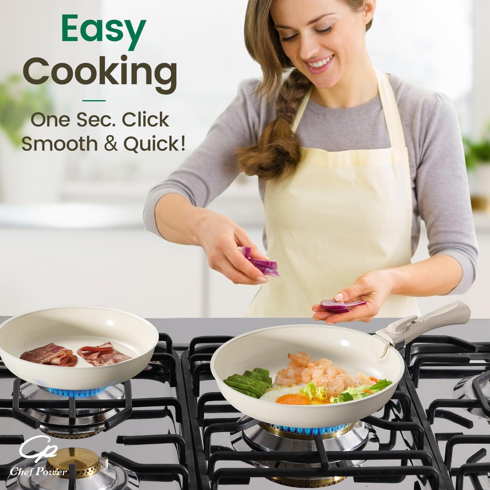 Chef Power Ceramic Cookware Set Non Toxic with Detachable Handles, Healthy Nonstick Pans and Pots Set 19 Pcs, Induction Dishwasher Oven Safe Kitchen Set, PFAS PFOA & PTFE Free, Cream White - Image 2