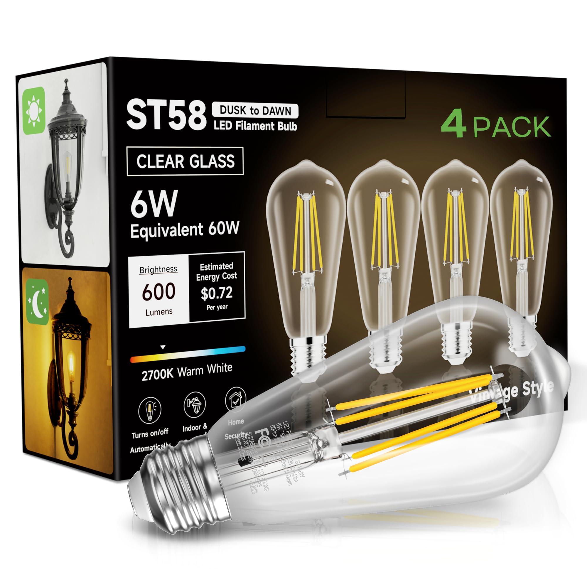 Eastiya Dusk to Dawn Light Bulbs, 6W Equivalent 60W, Soft White 2700K, E26 Base, Light Sensing, ST58 Vintage Style, 600LM, Outdoor Edison Bulbs, Automatic Light Bulbs for Porch Patio Garage, 4 Pack