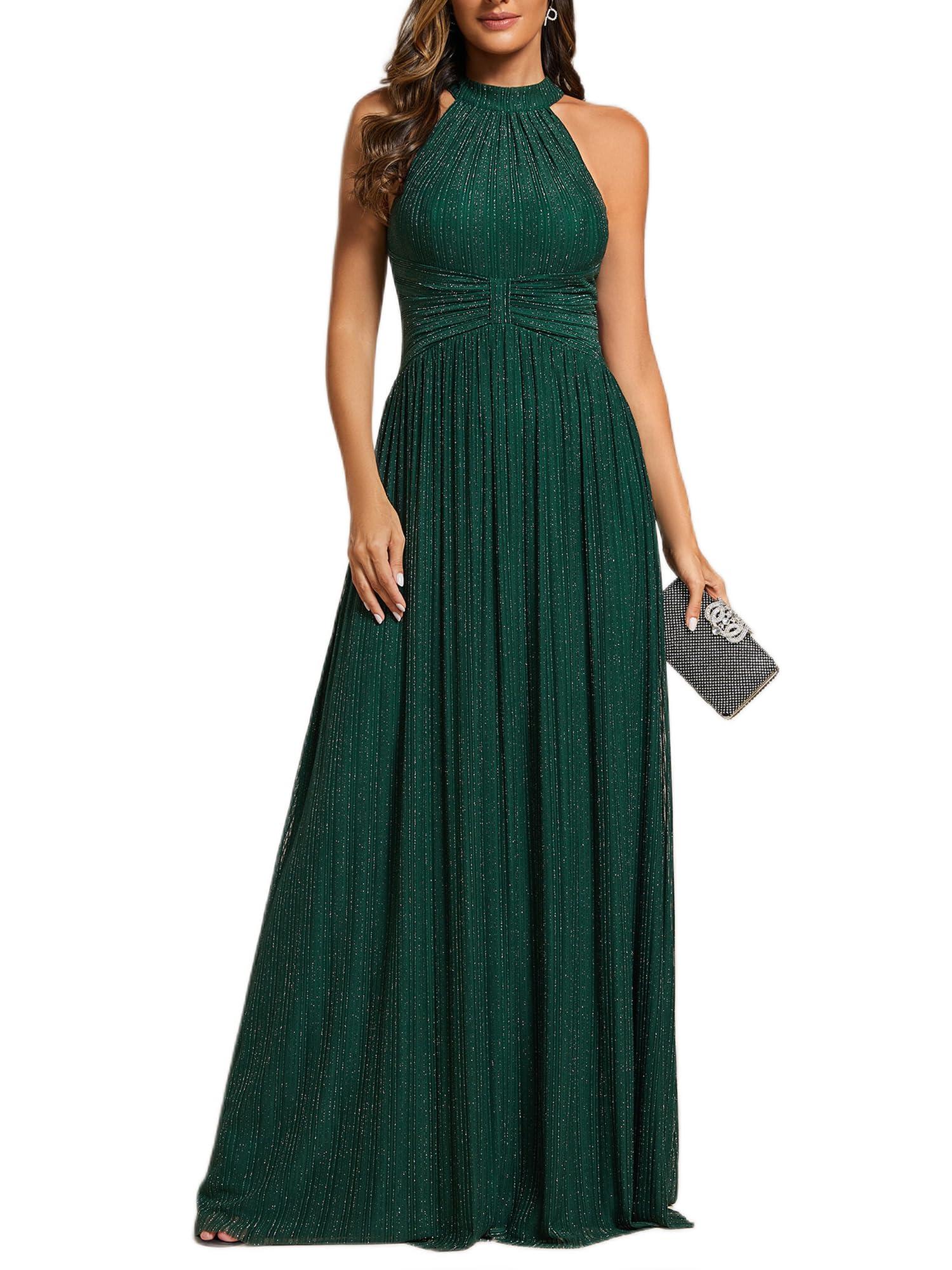Ever-Pretty Women's Summer Halter Sleeveless Pletaed Floor Length Glitter Formal Evening Gowns 41961