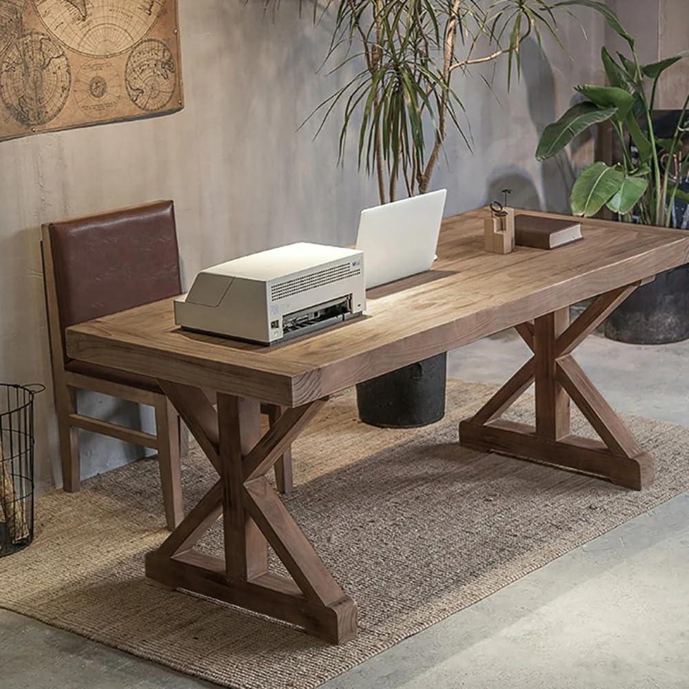 homary 70.9" Home Office Desk, Rustic Farmhouse Wooden Table Writing Executive Desk Made of Solid Wood with Trestle in Natural for Office/Dining Room/Study Room
