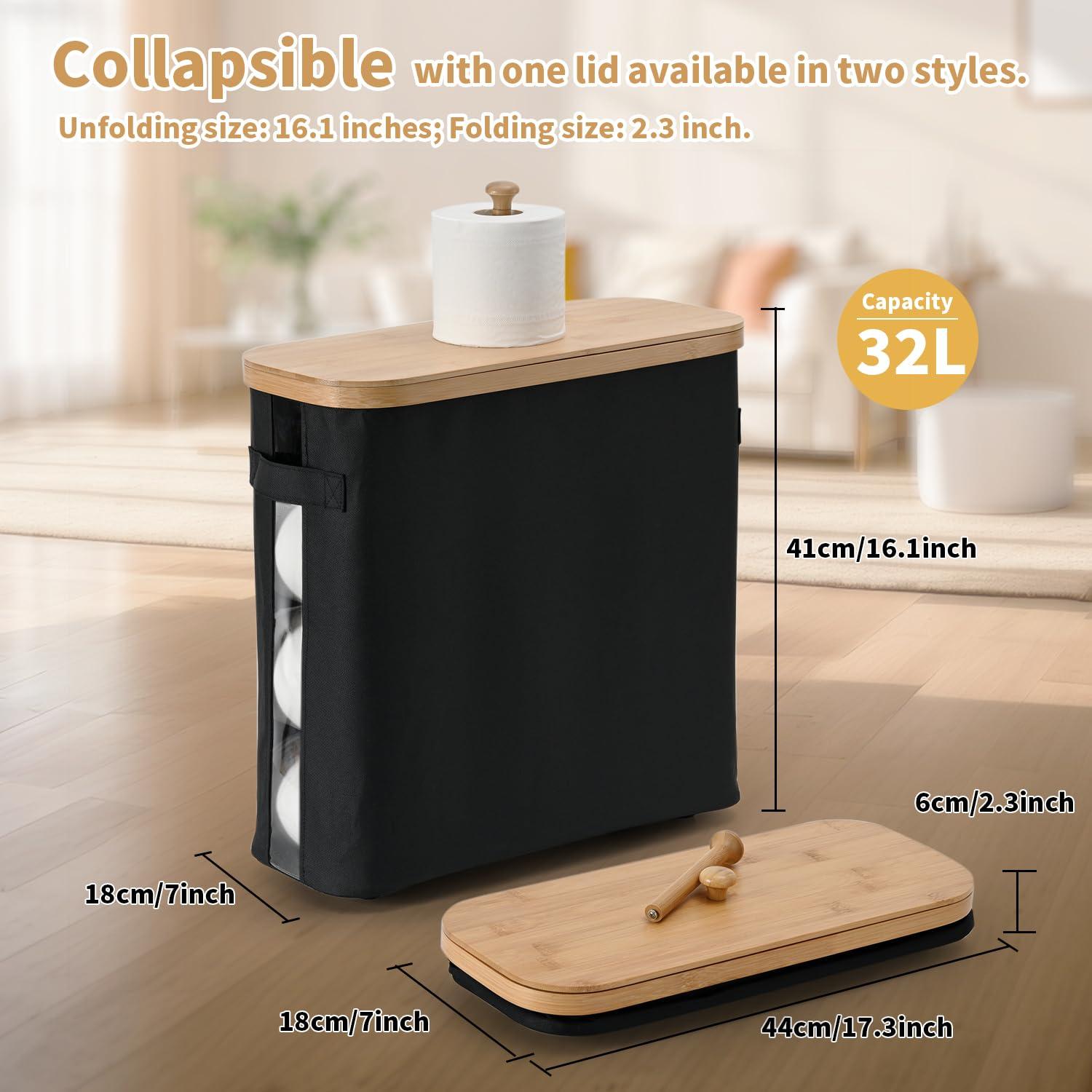 32L Bathroom Toilet Paper Storage Basket with Lid and Handle - Mega Capacity， Bamboo Collapsible Toilet Paper Holder Storage with Non-Slip Bottom, Extra Toilet Roll Storage, Starry Black，1 Pack - Image 3